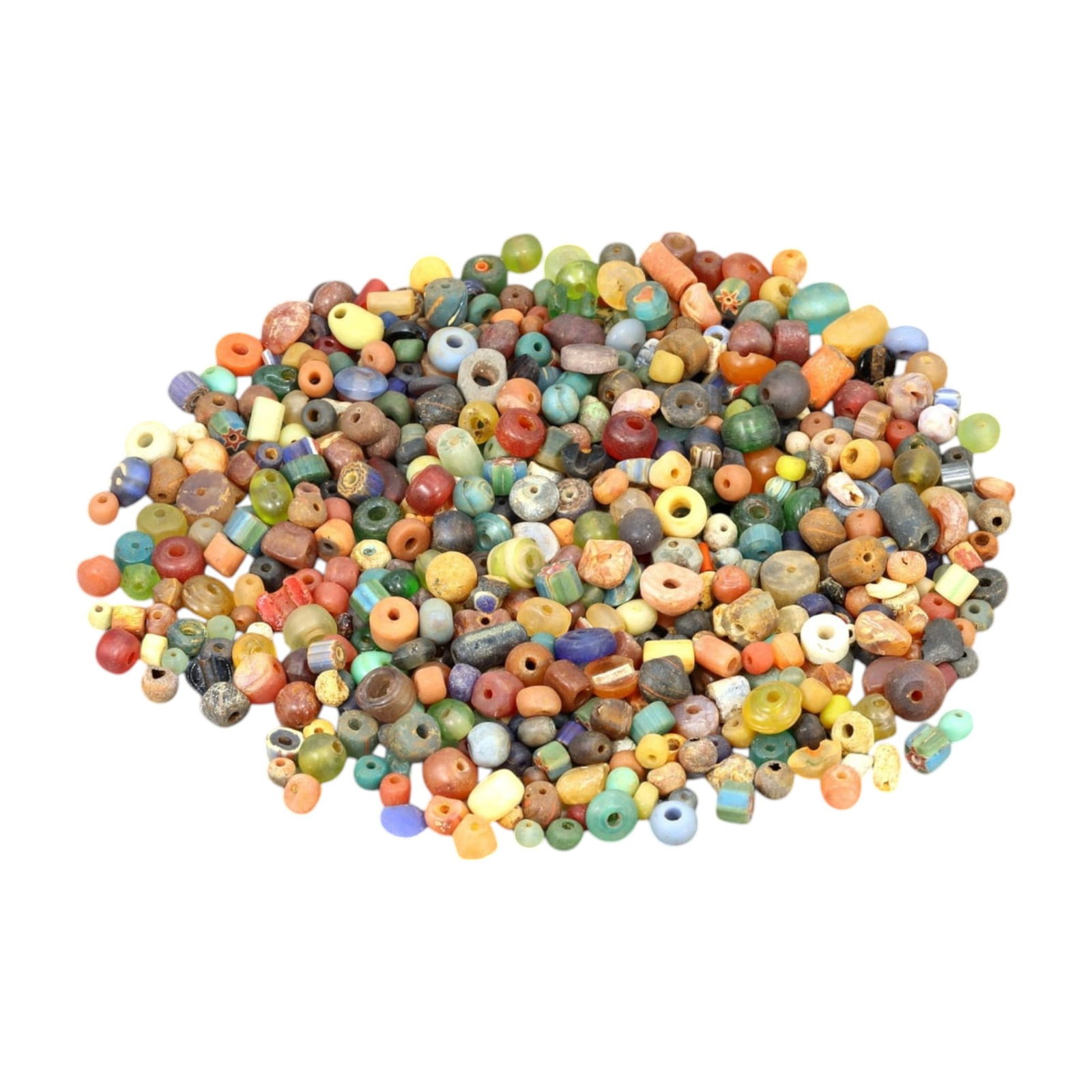 AFRICAN: Antique Mixed Glass Trade Beads, (147g, 6-14mm): This vibrant lot showcases African antique mixed glass trade beads, totaling 147 grams, with individual bead sizes ranging from 6 to 14 mm. The collection features an eclectic mix of cylindrical, sphe