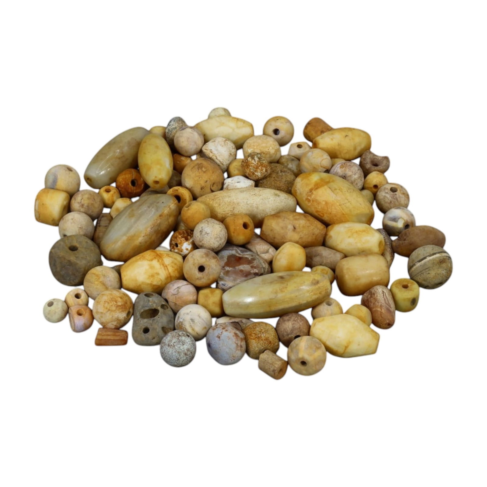 AFRICAN: Antique Stone and Fossil Beads, (419g, 1-5cm): This substantial lot features African antique stone and fossil beads, with a total weight of 419 grams and individual beads ranging from 1 to 5 cm in size. The collection showcases an array of earthy