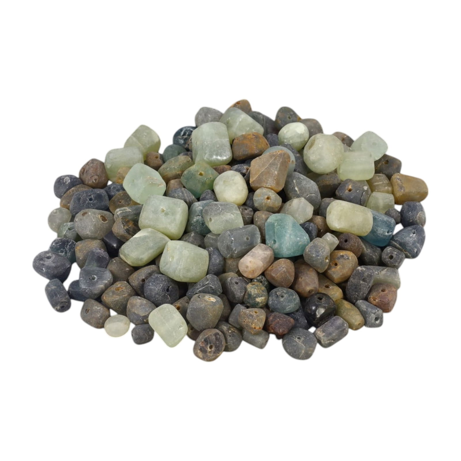 AFRICAN: Antique Glass Trade Beads, (984g, 1-2cm): This striking lot features African antique glass trade beads, with a total weight of 984 grams and individual bead sizes ranging from 1 to 2 cm. The beads exhibit a rugged, hand-crafted appearance wit