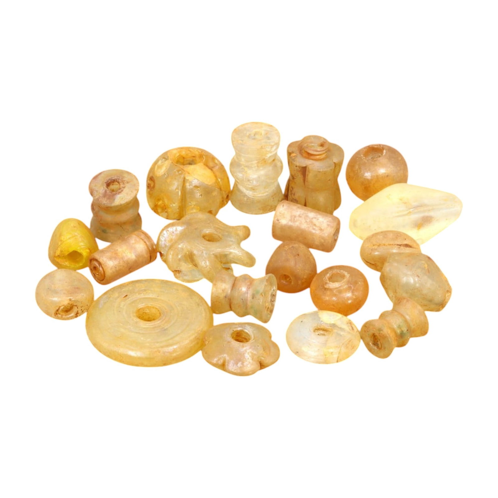 AFRICAN: Antique Amber Glass Trade Beads, (160g, 2-4cm): This captivating lot features African antique amber glass trade beads, with a total weight of 160 grams and individual bead sizes ranging from 2 to 4 cm. The collection showcases an array of shapes, i
