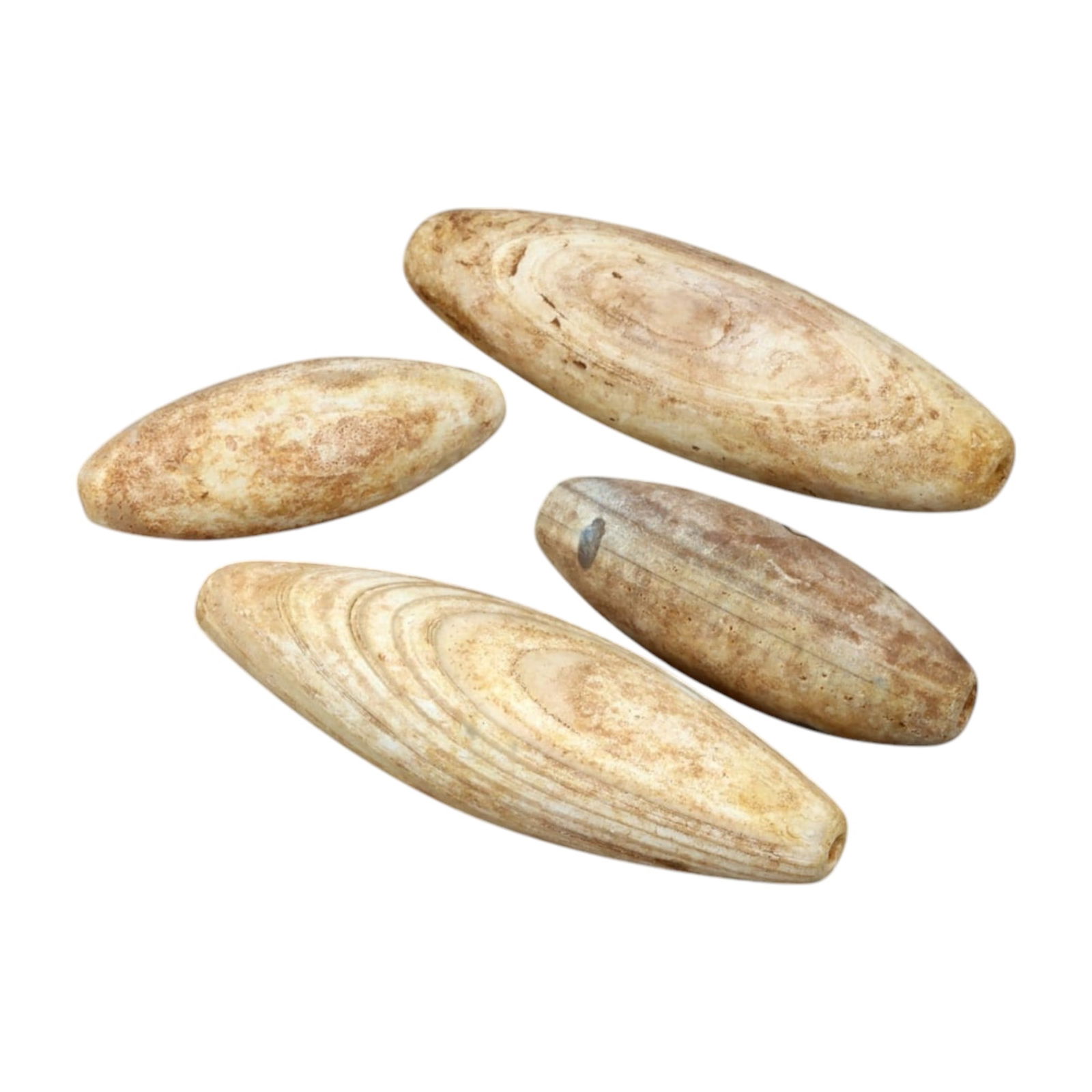 AFRICAN: Large Ancient Banded Agate Spindle Beads, (200g, 5-6cm, 4pcs): This extraordinary lot features four large African ancient banded agate spindle beads, weighing a total of 200 grams with individual beads measuring between 5 and 6cm in length. These elongated beads