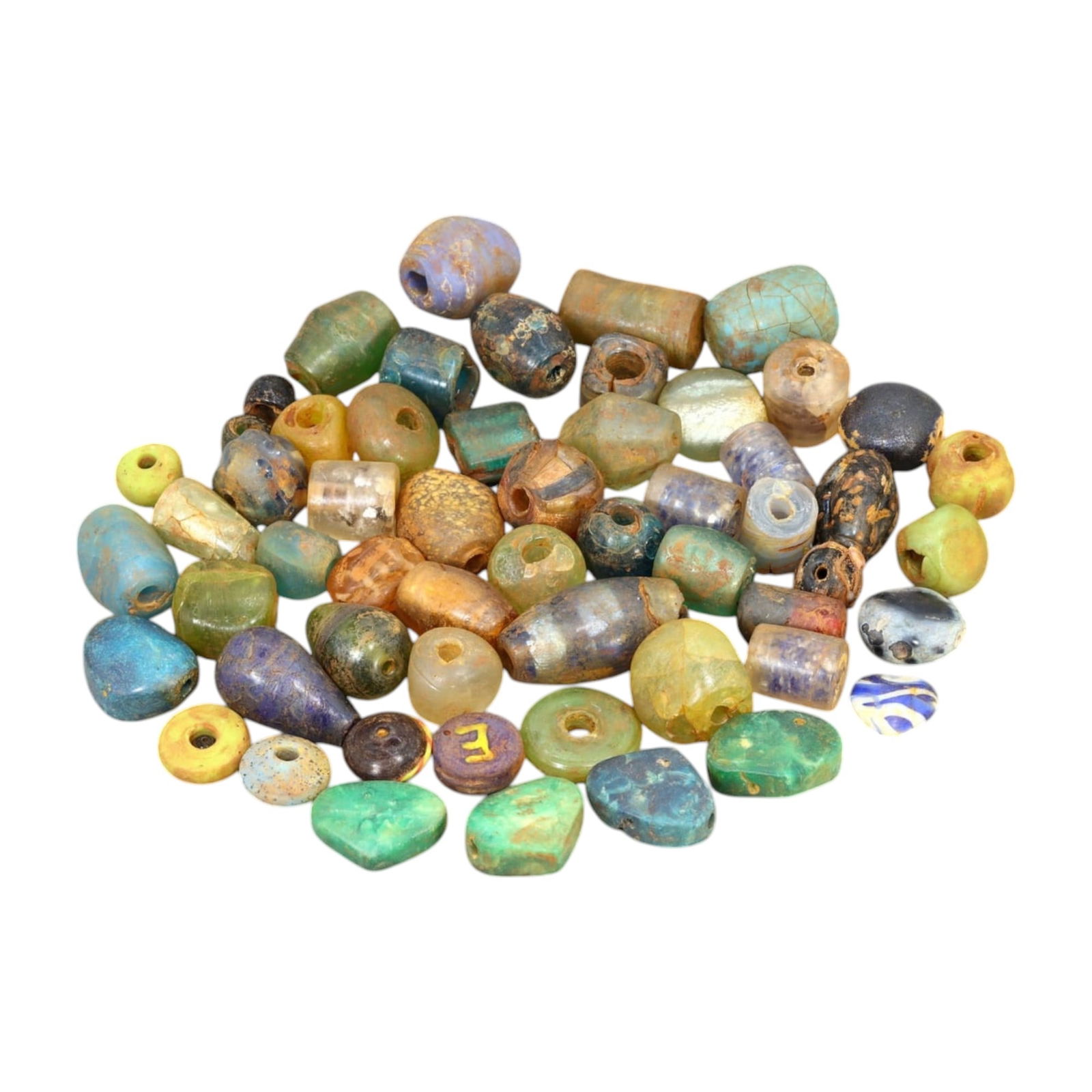 AFRICAN: Antique Mixed Glass Trade Beads, (263g, 1-3cm): This captivating lot features African antique mixed glass trade beads, with a total weight of 263 grams and individual bead sizes ranging from 1 to 3 cm. The collection showcases an eclectic variety o