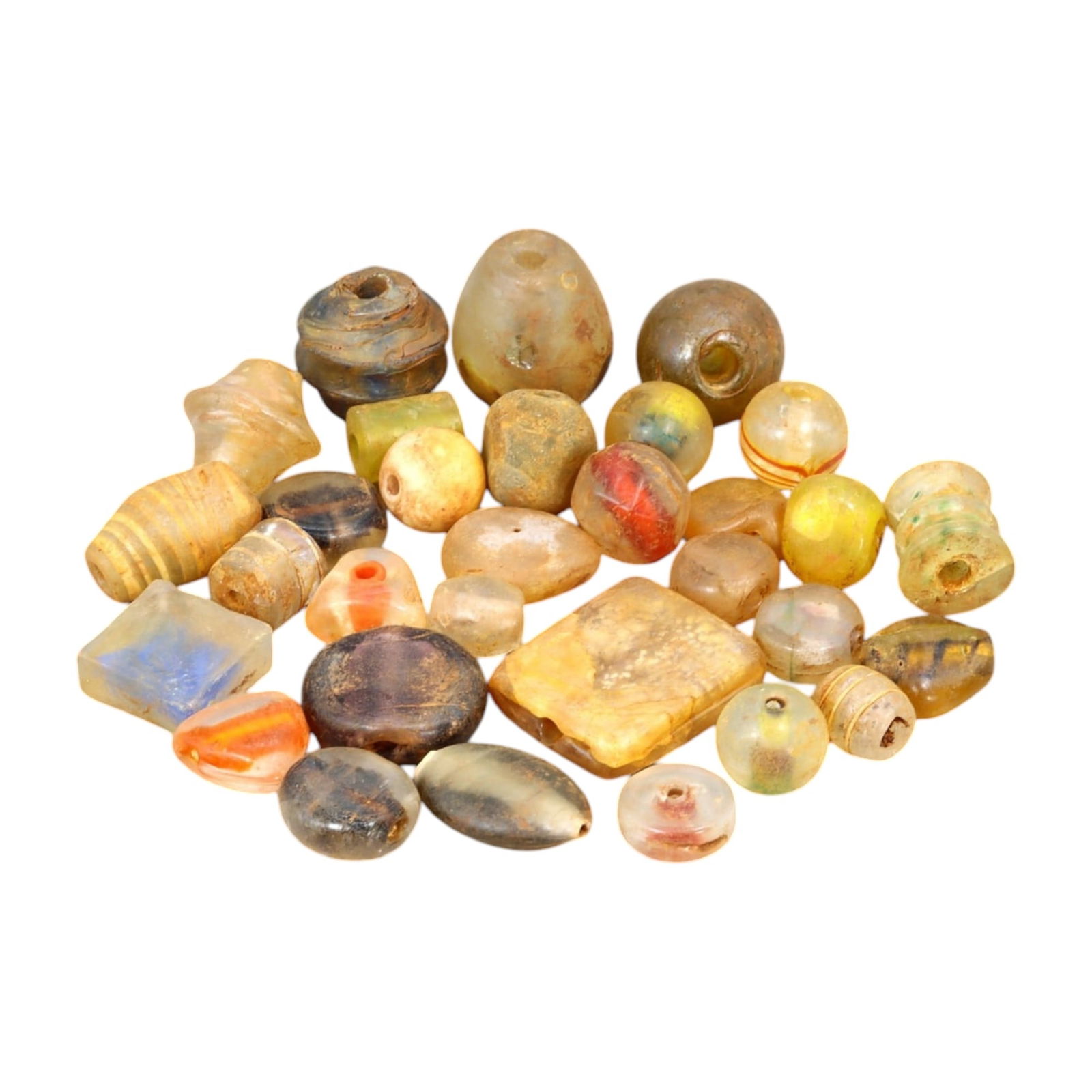 AFRICAN: Antique Mixed Glass Trade Beads, (175g, 1-3cm): This eclectic lot features African antique mixed glass trade beads, with a total weight of 175 grams and individual bead sizes ranging from 1 to 3 cm. The collection showcases a diverse array of shape