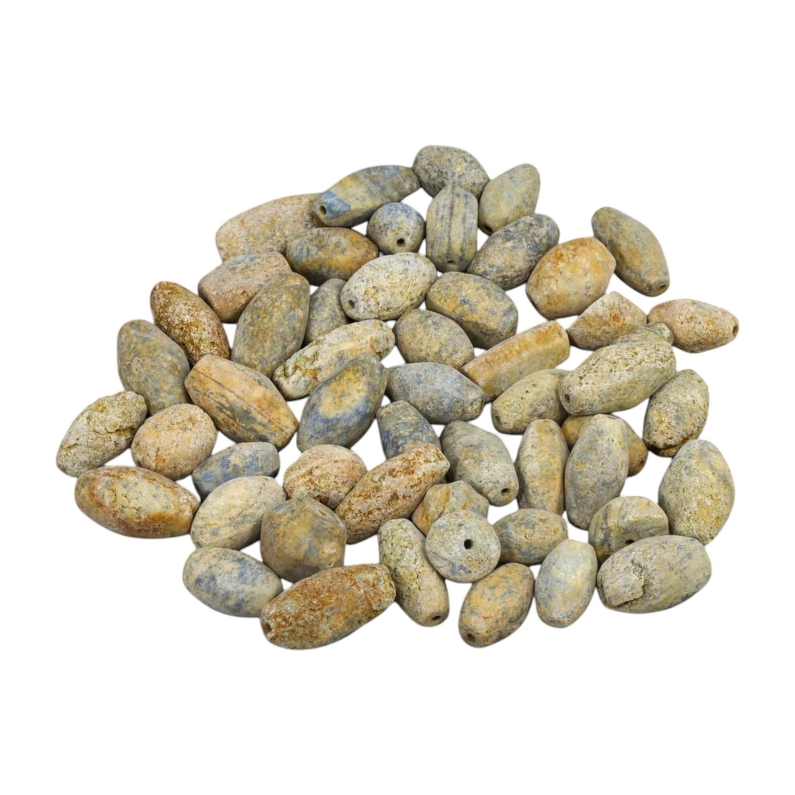 LAPIS LAZULI BEADS: Lot of Tumbled Lapis Beads (220g, 2-3cm): This lot of tumbled lapis lazuli beads features an earthy blend of blue, gray, and golden hues, characteristic of natural lapis with traces of calcite and pyrite inclusions. Weighing 220g and ranging