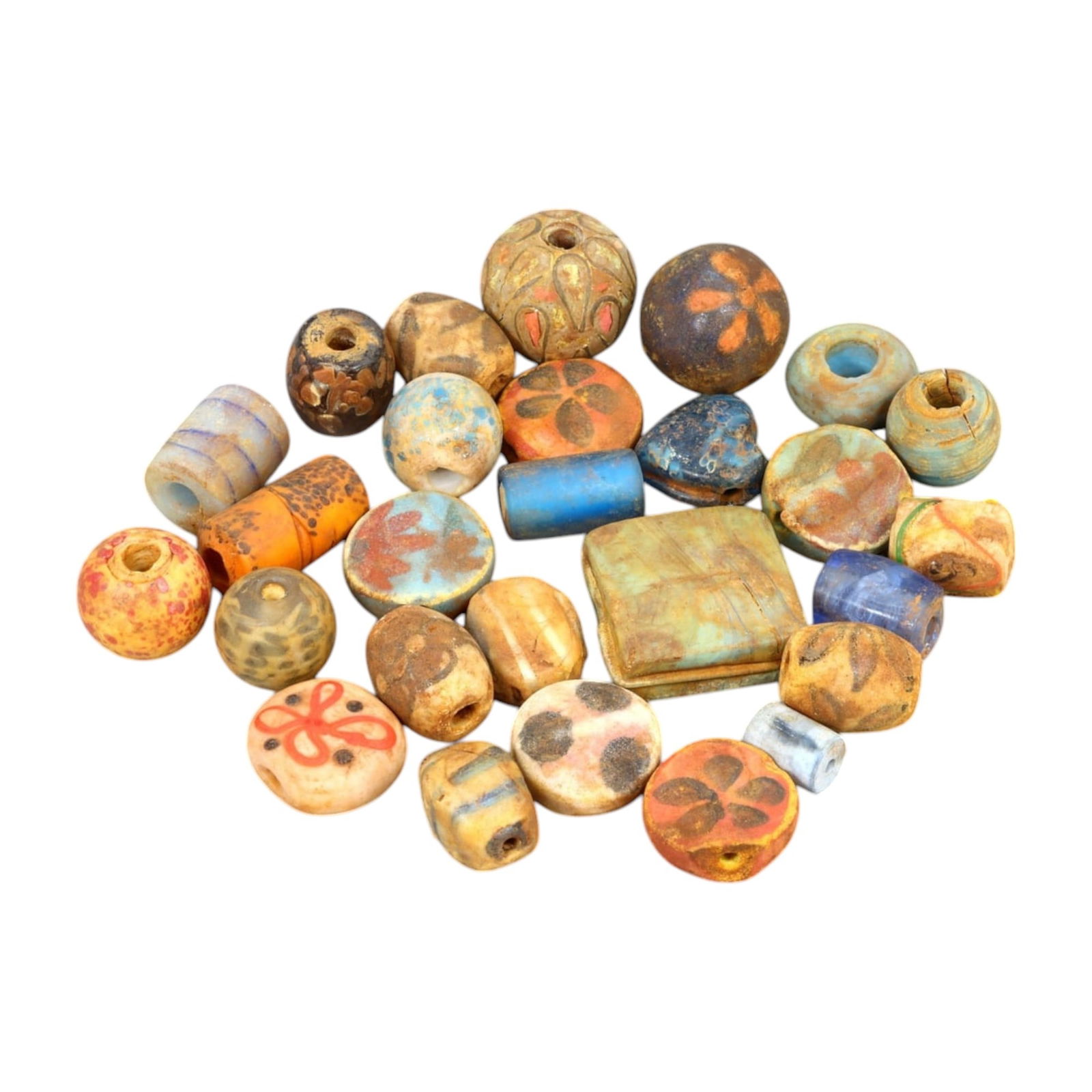 AFRICAN: Antique Mixed Polychrome Glass Trade Beads with Floral Motifs, (130g, 1-2.5cm): This vibrant lot features African antique mixed polychrome glass trade beads, with a total weight of 130 grams and individual bead sizes ranging from 1 to 2.5 cm. The collection showcases a diverse ar