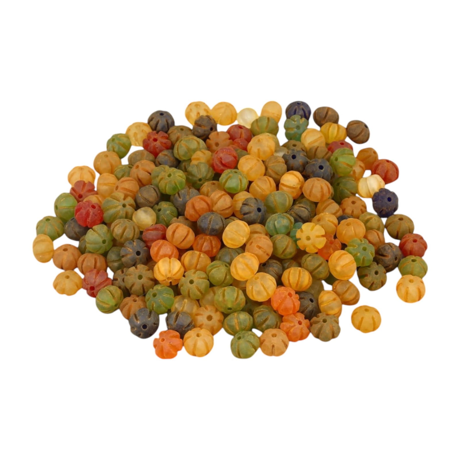 AFRICAN: Antique Carved Glass Beads, (251g, 12mm): This vibrant lot features African antique carved glass beads, with a total weight of 251 grams and individual beads measuring approximately 12mm in size. These intricately carved, multicolored beads r