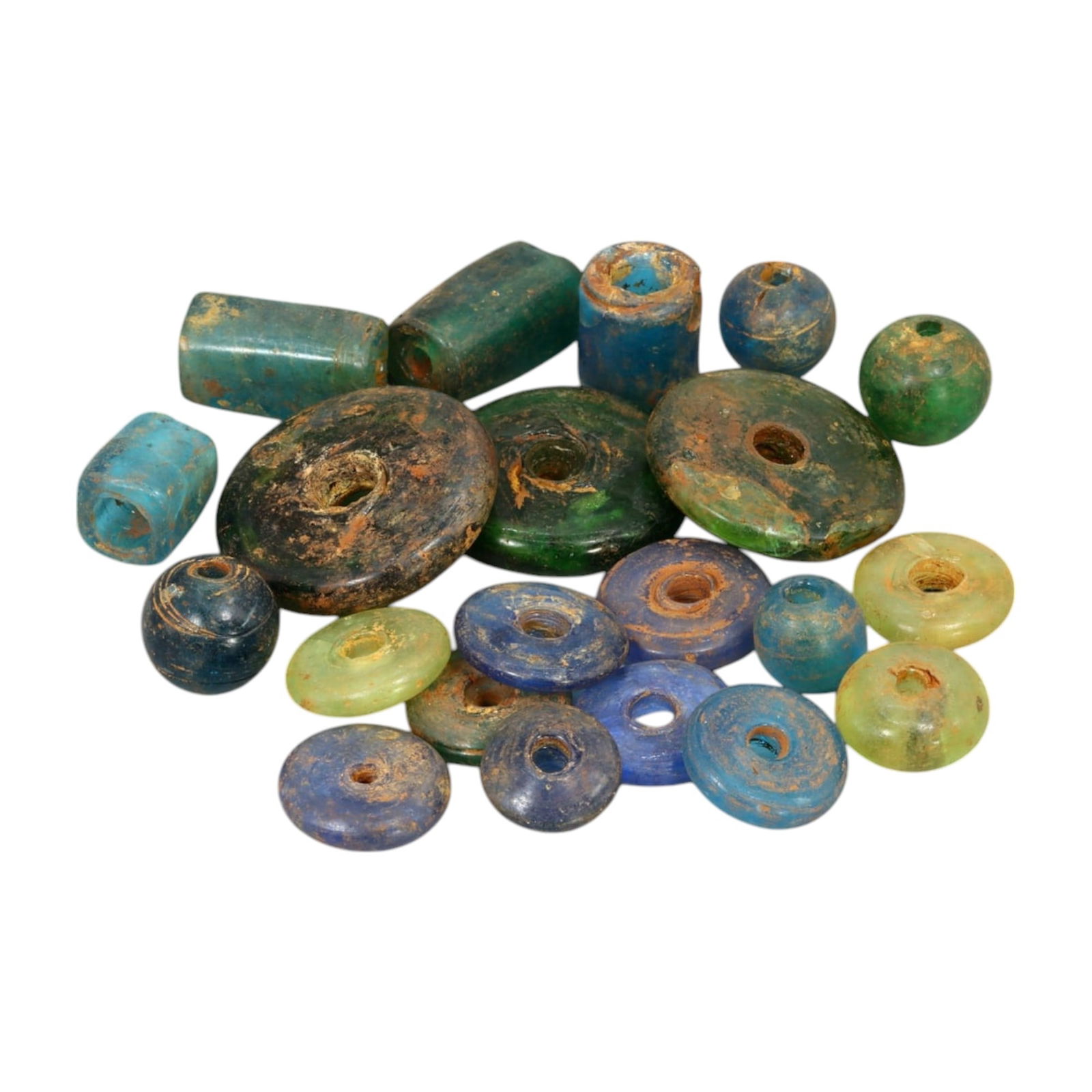 AFRICAN: Antique Blue and Green Glass Trade Beads, (113g, 2-4cm): This vibrant lot features African antique blue and green glass trade beads, with a total weight of 113 grams and individual bead sizes ranging from 2 to 4 cm. The collection showcases an array of disc