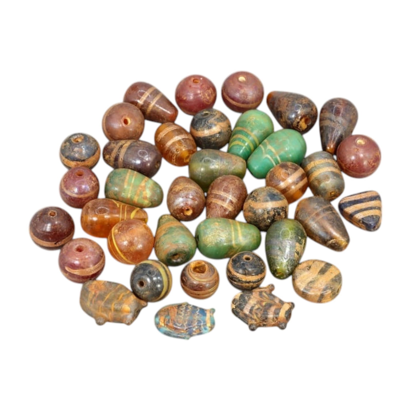 AFRICAN: Antique Mixed Polychrome Glass Trade Beads, (230g, 2cm): This vibrant lot features African antique mixed polychrome glass trade beads, with a total weight of 230 grams and uniform bead sizes of approximately 2 cm. The collection showcases a variety of teard