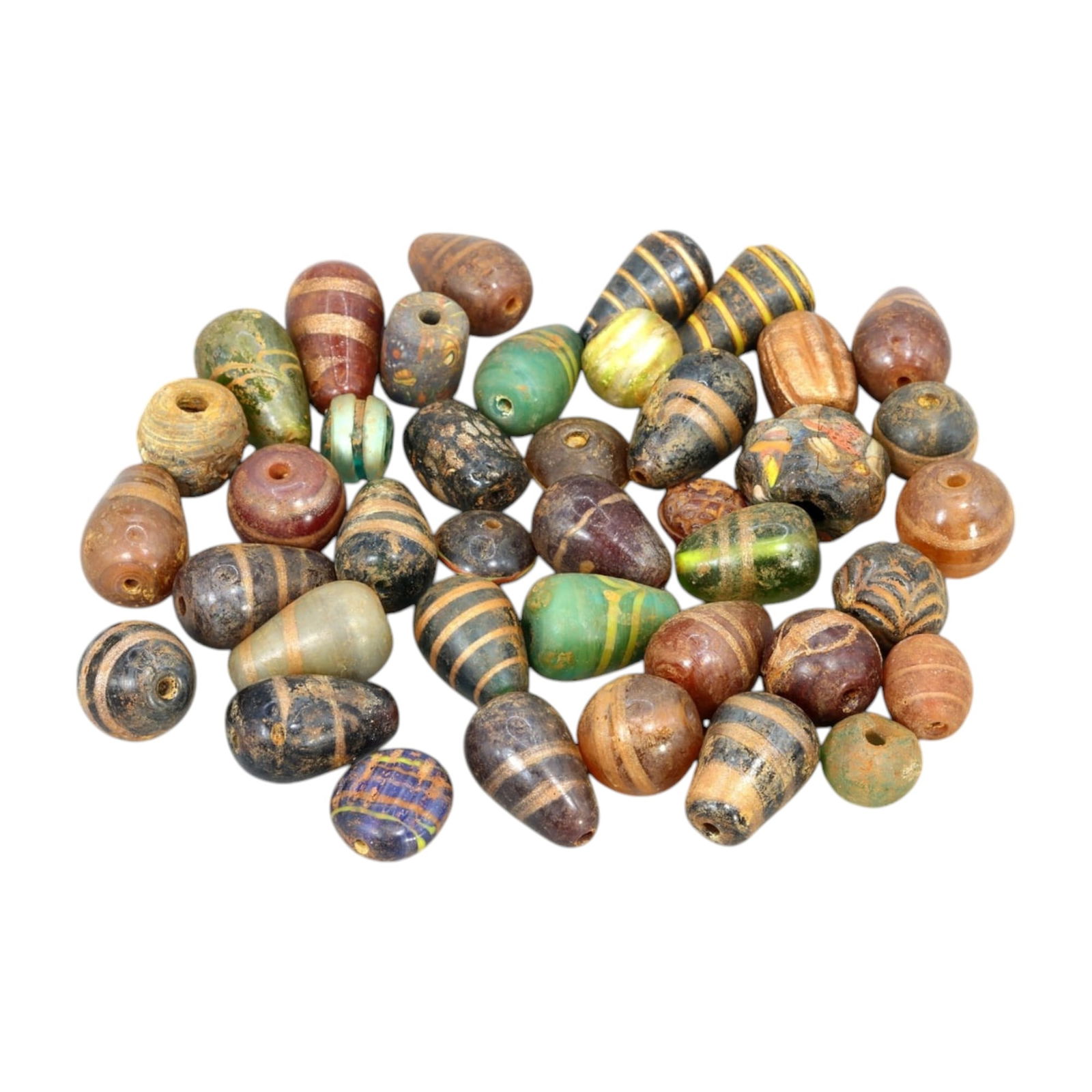 AFRICAN: Antique Striped and Polychrome Trade Beads, (232g, 1-2.5cm): This vibrant lot features African antique striped and polychrome trade beads, with a total weight of 232 grams and individual bead sizes ranging from 1 to 2.5 cm. The collection showcases a variety of