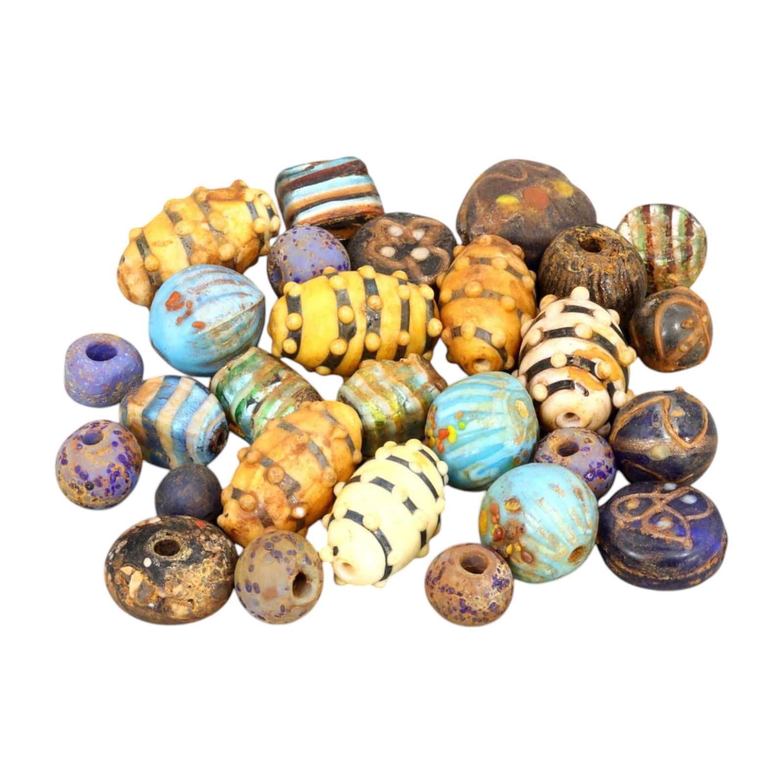 AFRICAN: Antique Polychrome Trade Glass Beads, (145g, 1-3cm): This captivating lot features African antique polychrome trade glass beads, weighing a total of 145 grams with individual beads ranging from 1 to 3 cm in size. These vibrant beads showcase a variety o