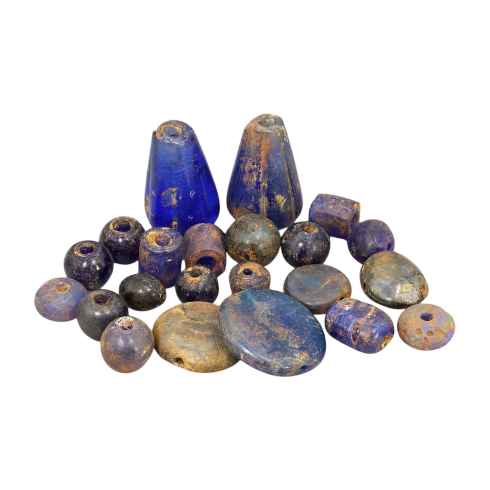 AFRICAN: Antique Blue Glass Trade Beads, (176g, 1-4cm): This striking lot features African antique blue glass trade beads, with a total weight of 176 grams and individual bead sizes ranging from 1 to 4 cm. The collection showcases an array of shapes, inclu