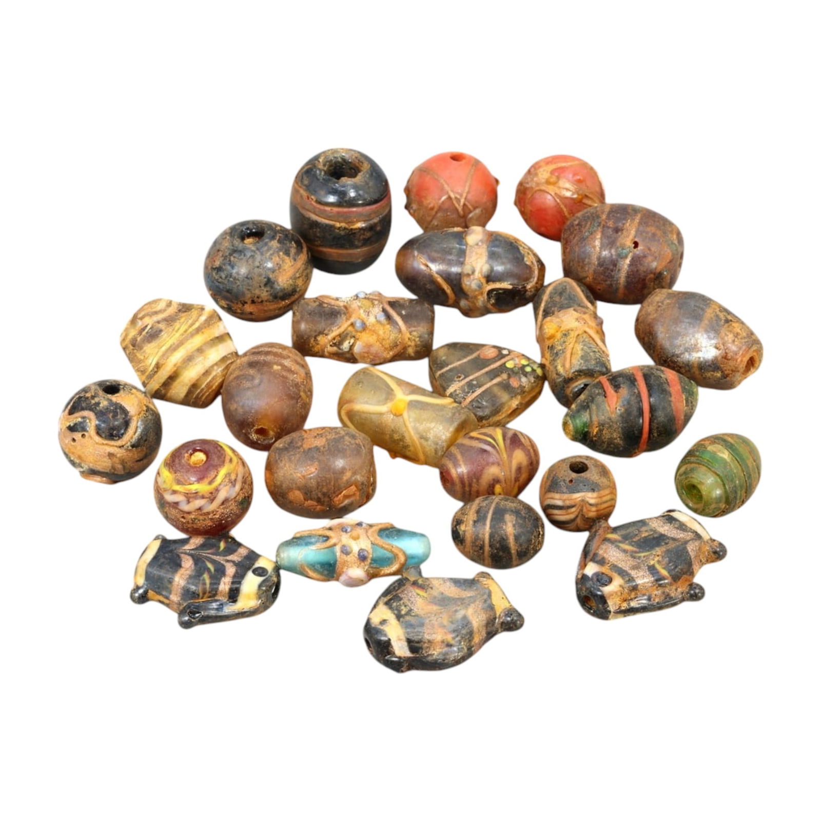 AFRICAN: Antique Mixed Polychrome Glass Trade Beads, (114g, 1-2.5cm): This captivating lot features African antique mixed polychrome glass trade beads, with a total weight of 114 grams and individual bead sizes ranging from 1 to 2.5 cm. The collection showcases an array