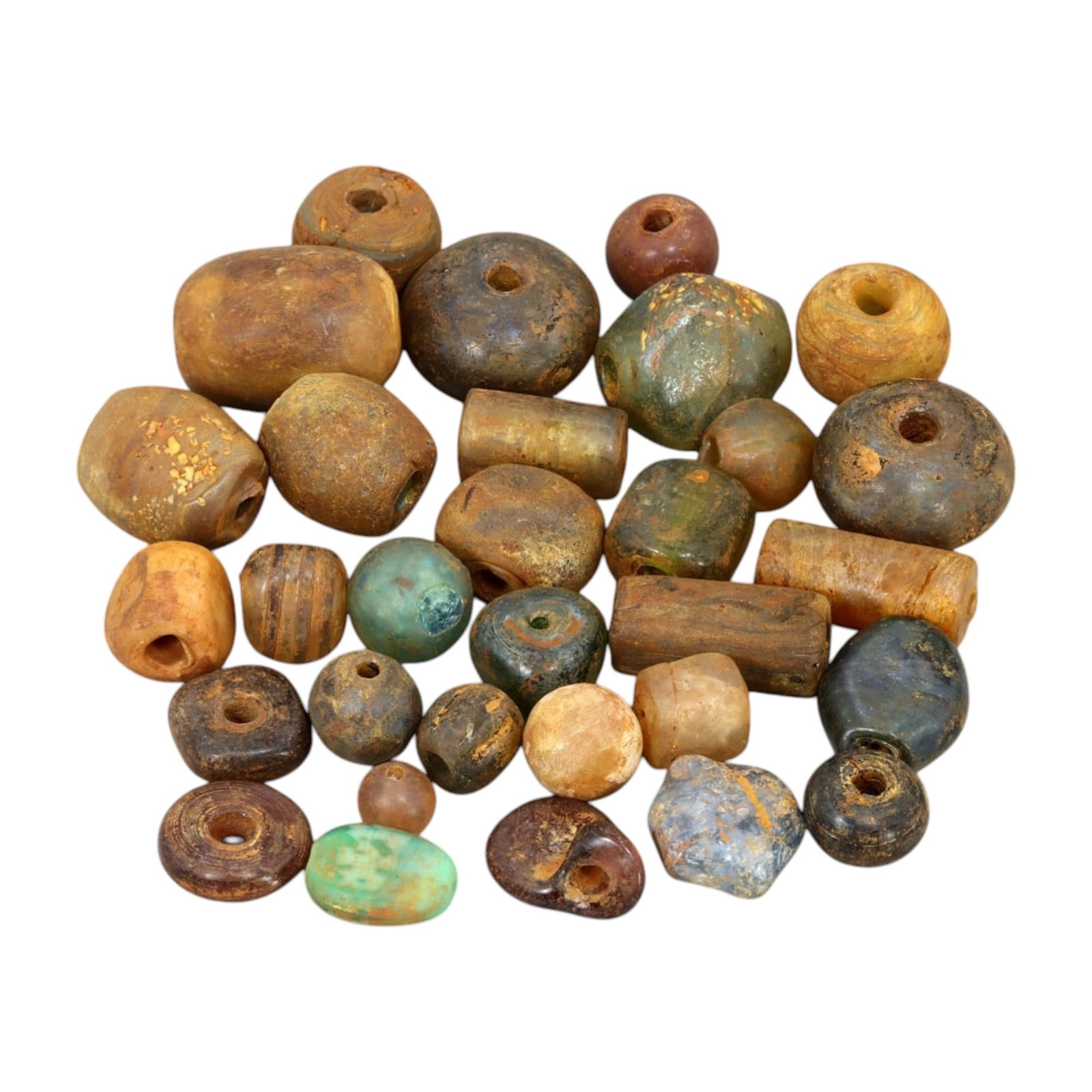 AFRICAN: Antique Mixed Glass and Stone Trade Beads, (179g, 1-3cm): This intriguing lot features African antique mixed glass and stone trade beads, with a total weight of 179 grams and individual bead sizes ranging from 1 to 3 cm. The collection showcases an array of