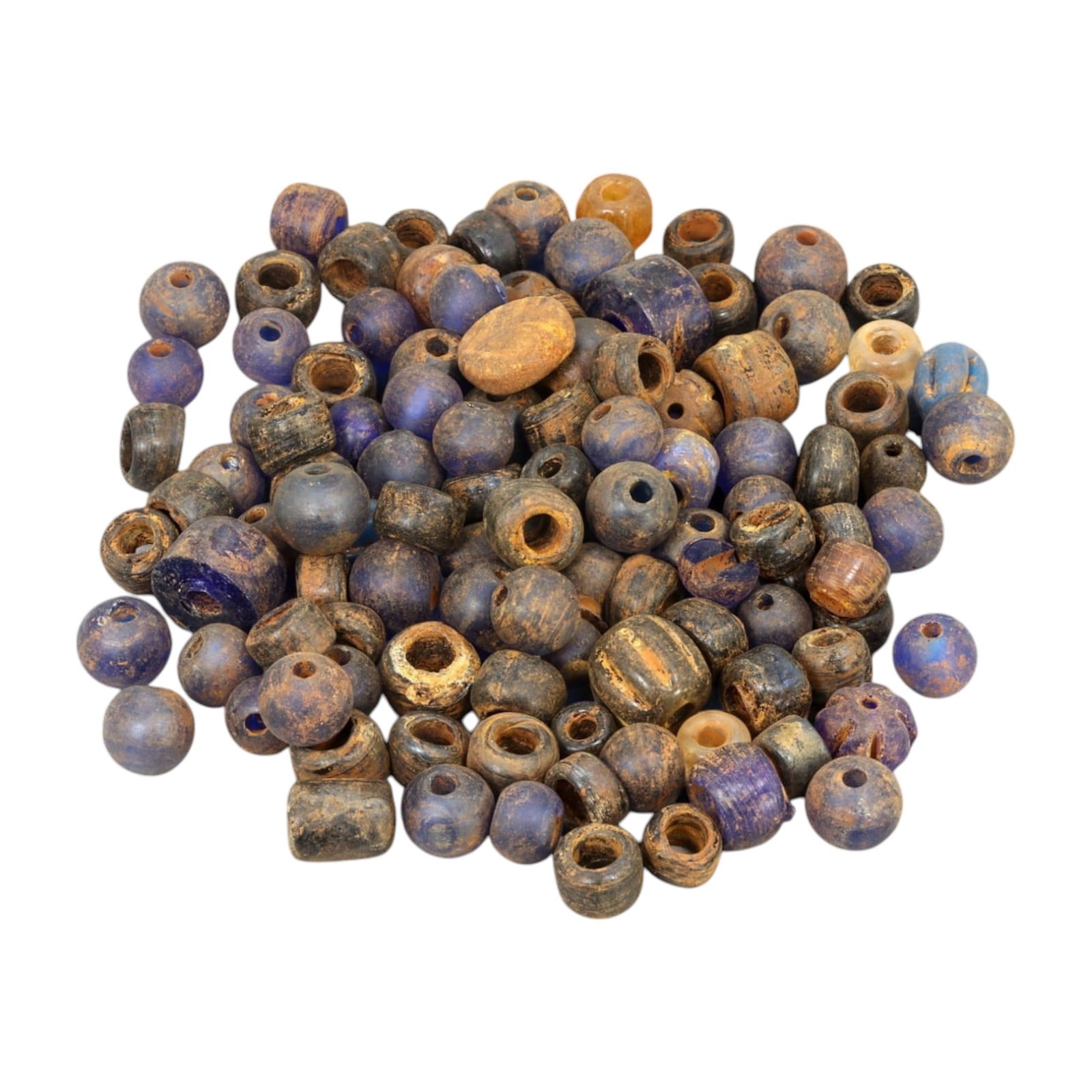 AFRICAN: Antique Blue and Brown Glass Trade Beads, (114g, 10-15mm): This vibrant lot features African antique blue and brown glass trade beads, with a total weight of 114 grams and individual bead sizes ranging from 10 to 15 mm. The beads display rich hues of deep cob