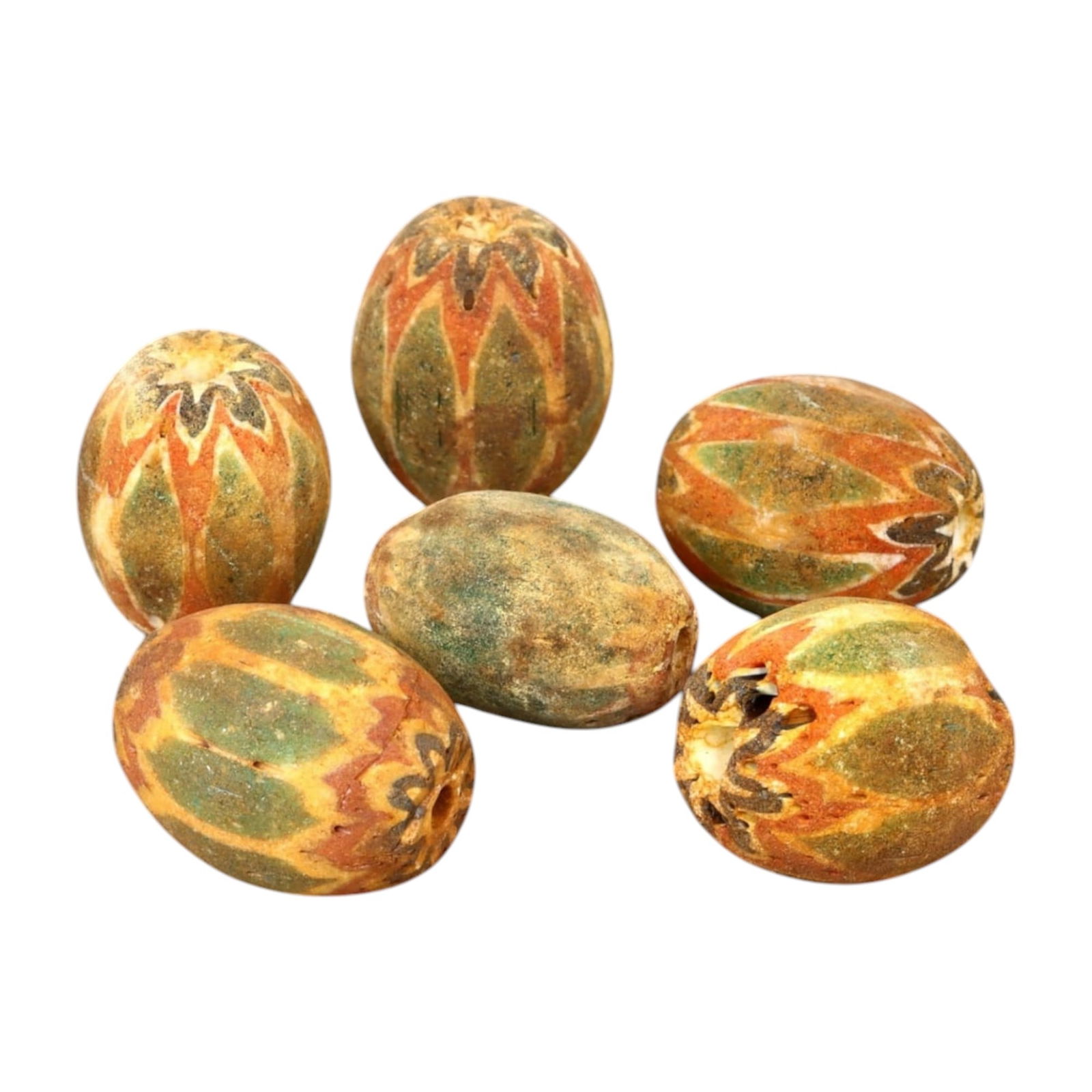 AFRICAN: Antique Chevron and Trade Beads, (64g, 21-23mm): This remarkable lot features African antique chevron and trade beads, weighing a total of 64 grams with individual beads ranging from 21 to 23mm in size. These beads display a striking variety of shap