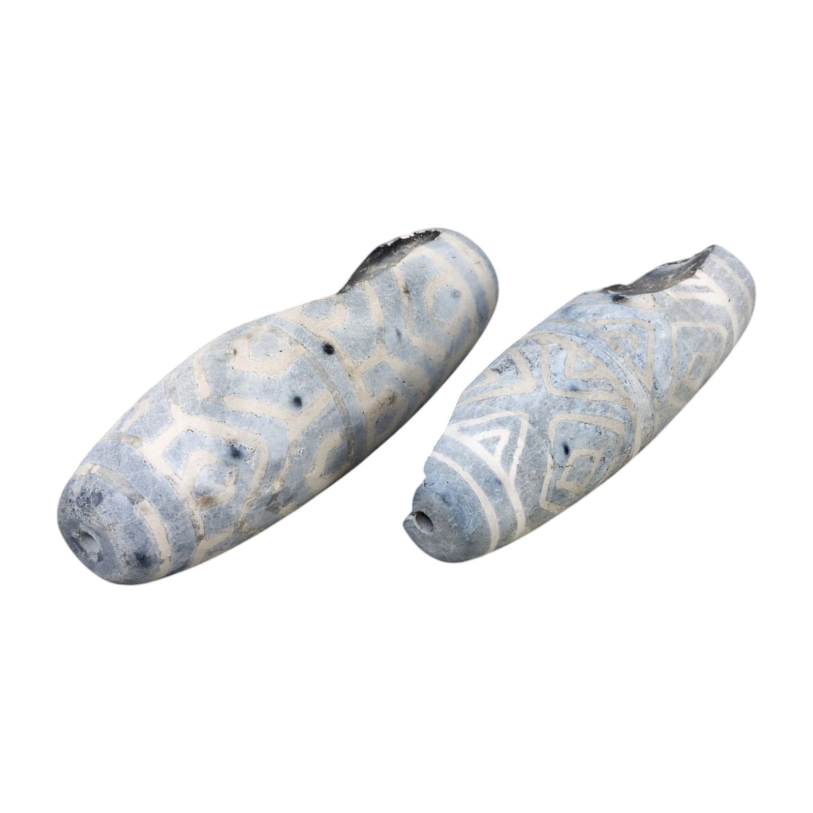 AFRICAN: Antique Etched Agate Dzi-Style Beads, (88g, 6-7cm): This captivating lot features African antique etched agate Dzi-style beads, with a total weight of 88 grams and individual beads measuring between 6 and 7 cm. Characterized by their elongated, cylindr