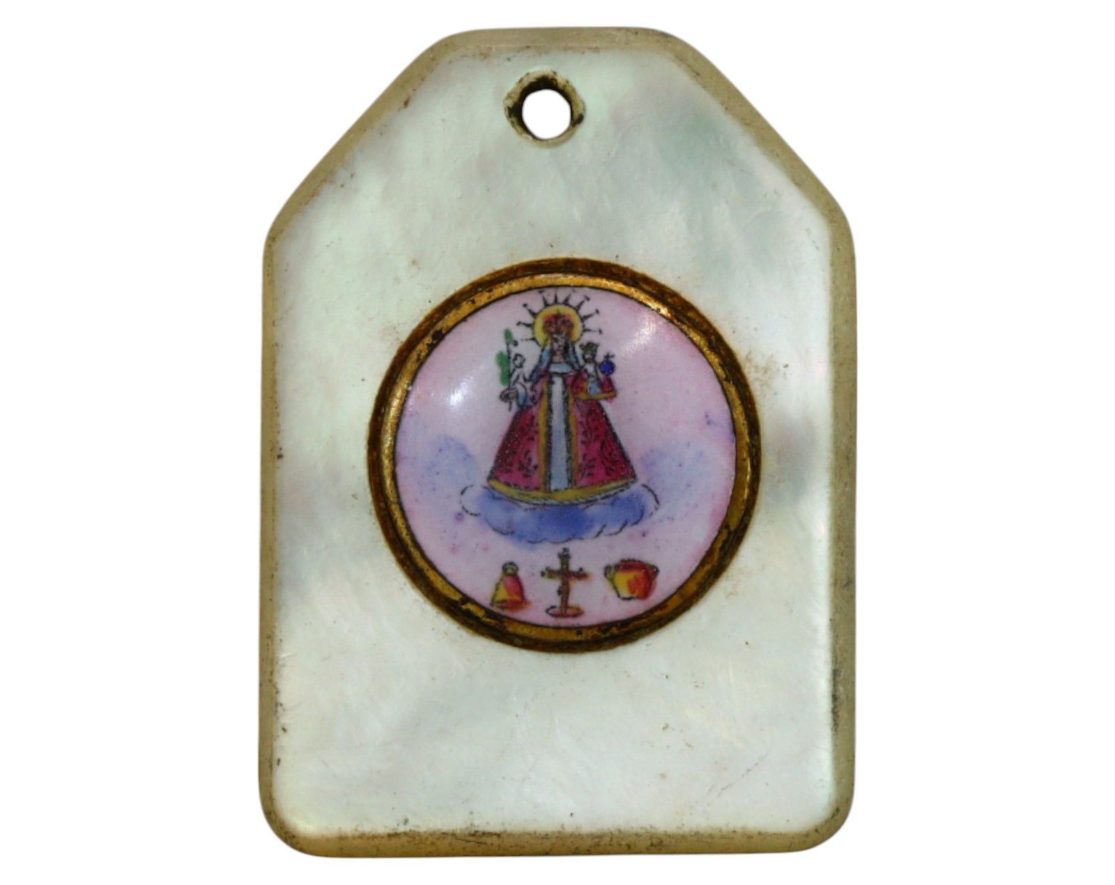 SPAIN: Mother of Pearl Pilgrimage Pendant - Our Lady of Nuria, Hand-Painted Miniature, 19th Century: A delicate 19th-century devotional pendant crafted from mother of pearl, featuring a finely detailed hand-painted miniature of Our Lady of Nuria, encased in a gilt brass frame. The Virgin is depicted 