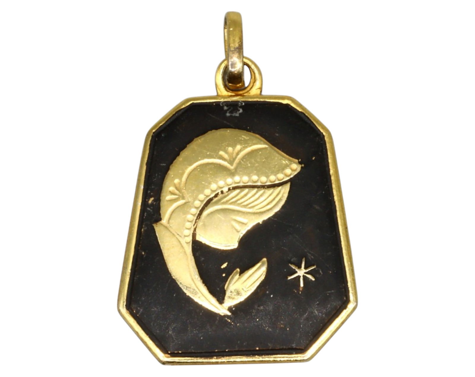 FRANCE: Art Deco Gilded Virgin Mary Pendant - Black Enamel & Gold-Tone Design (1 of 3)