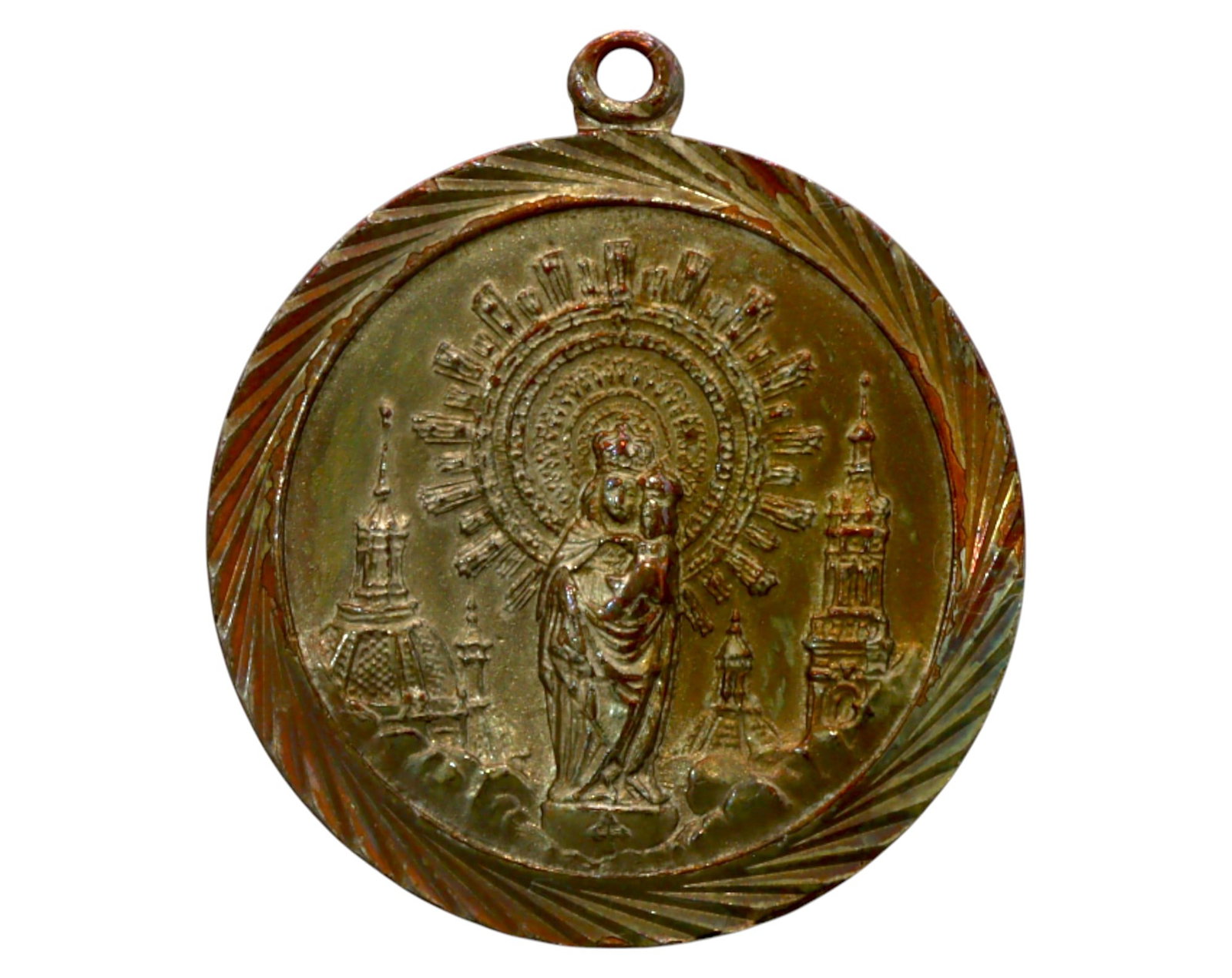 SPAIN: Virgen del Pilar & St. Christopher Medal - Zaragoza Pilgrimage, 20th Century: A finely detailed 3 cm, 8.7-gram devotional medal featuring the revered Virgen del Pilar, depicted standing atop the legendary pillar, framed by radiant beams and flanked by two architectural structur