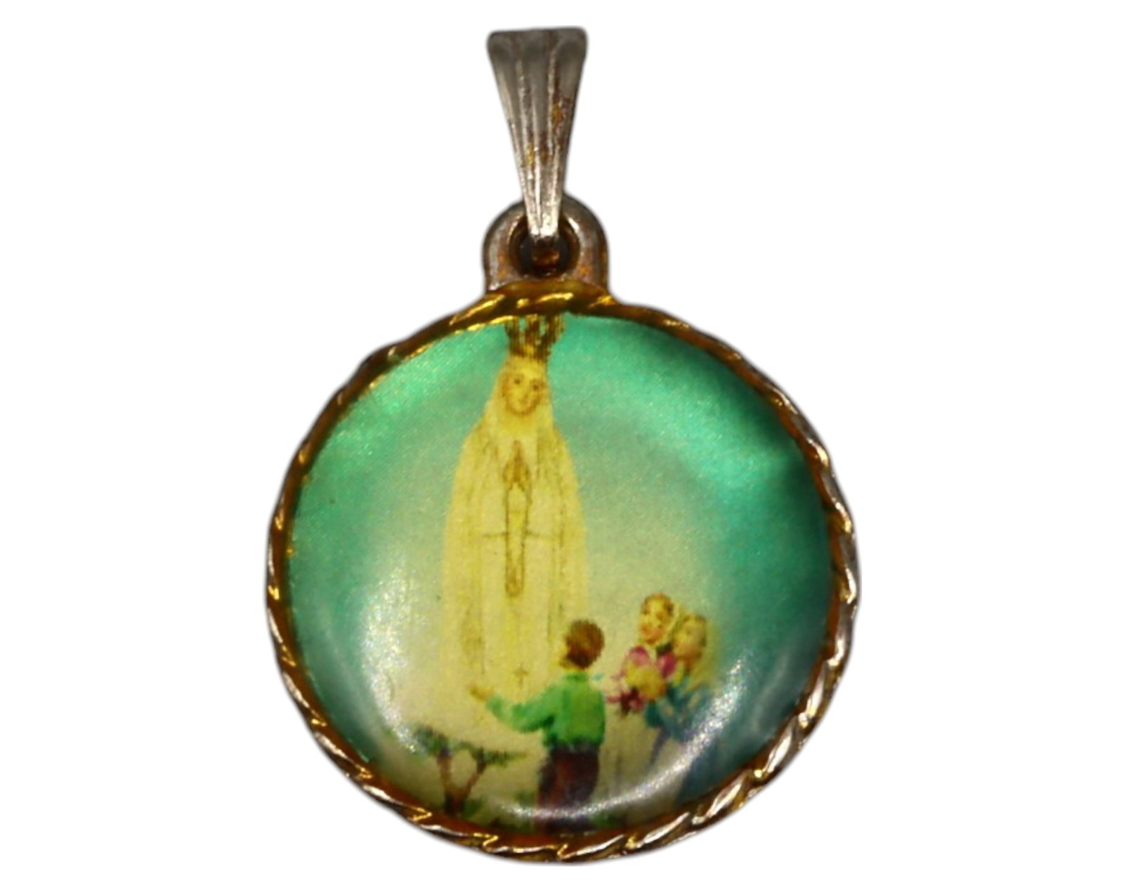ITALY: Glass Domed Medal - Apparition of Our Lady of Fatima, Mid-20th Century: A beautifully crafted Italian devotional medal, measuring 2 cm and weighing 5 grams, featuring a vivid depiction of the Apparition of Our Lady of Fatima beneath a domed glass covering. The image shows