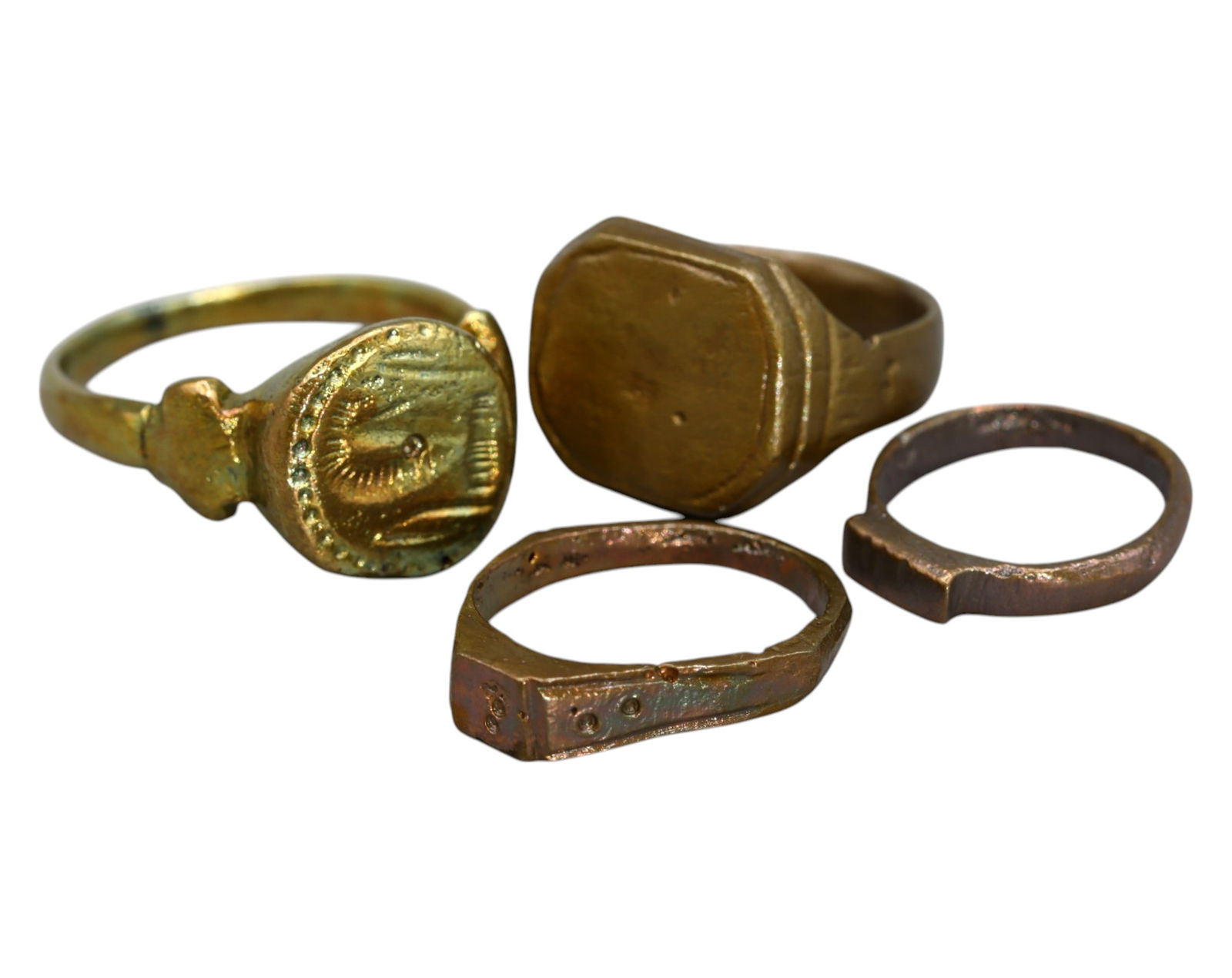 MEDIEVAL EUROPE: Lot of 4 Engraved Bronze Signet Rings - 17g, Sizes 2-8.5 (1 of 1)