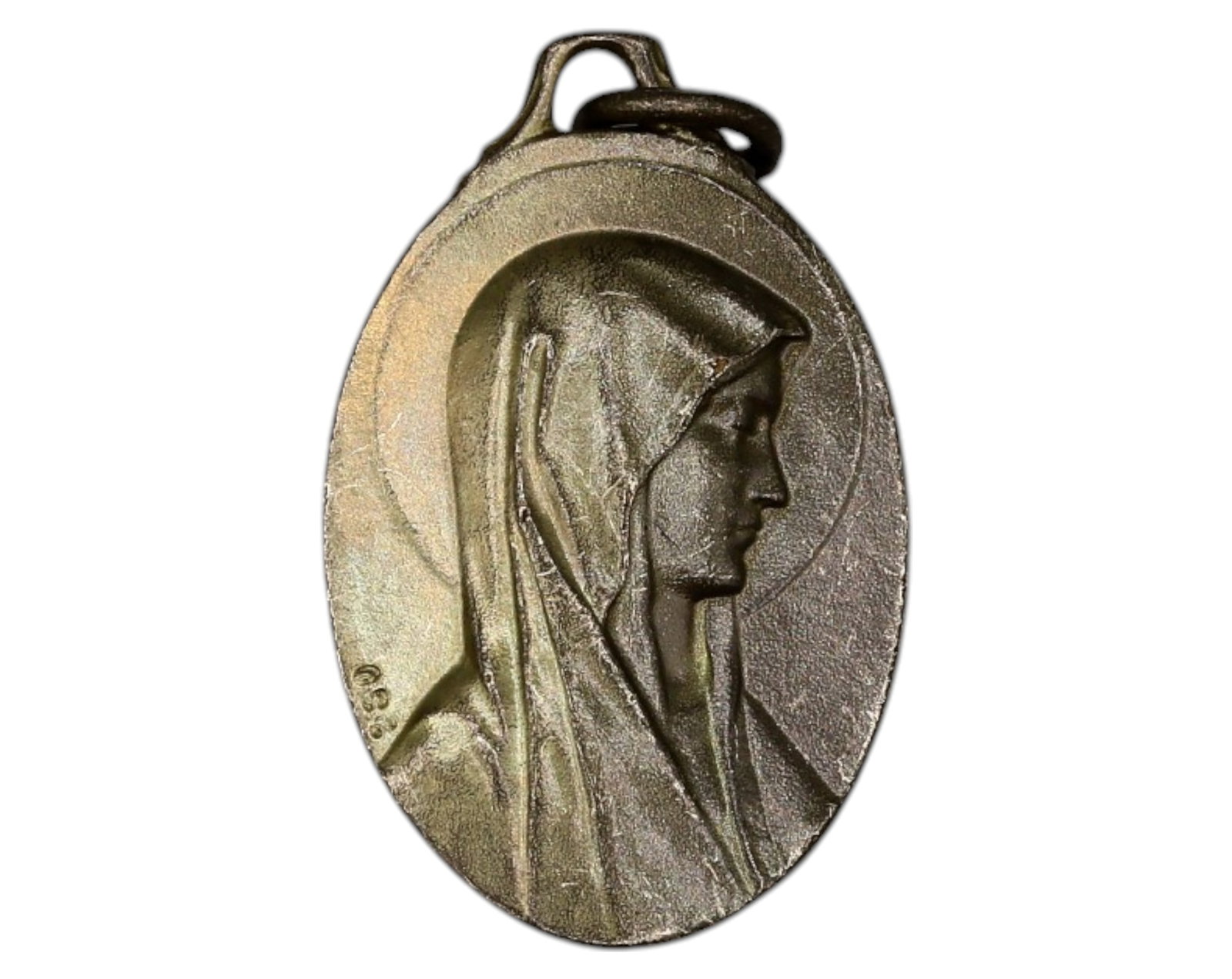 FRANCE: Silvered Lourdes Marian Medal - Virgin Mary & Bernadette, 2.5x1.5cm, 3g: A finely cast silvered devotional medal featuring a serene profile of the Virgin Mary, her veil draped gracefully, radiating spiritual contemplation. The reverse depicts the apparition of Our Lady of 