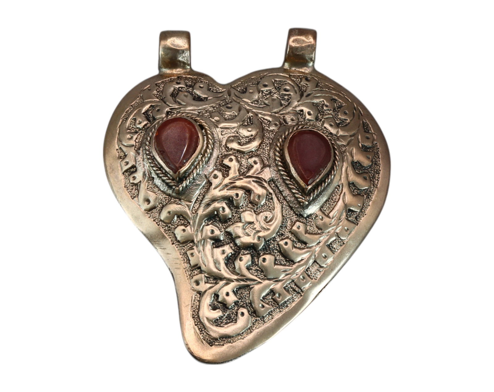 MIDDLE EASTERN: Ornate Silvered Heart-Shaped Pendant Amulet with Carnelian Inlays (38g, 6.5x5cm) (1 of 1)