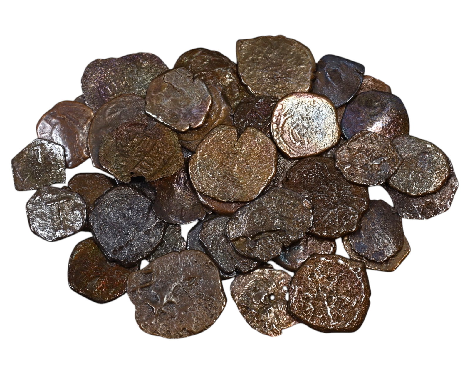 BYZANTINE EMPIRE: Mixed Lot of 40 Coins - 6th-12th Century (1-2.5cm): A remarkable assortment of 40 Byzantine coins, ranging from 1 to 2 cm in diameter, showcasing the rich numismatic heritage of the Byzantine Empire. Struck in various bronze, copper, and billon composi
