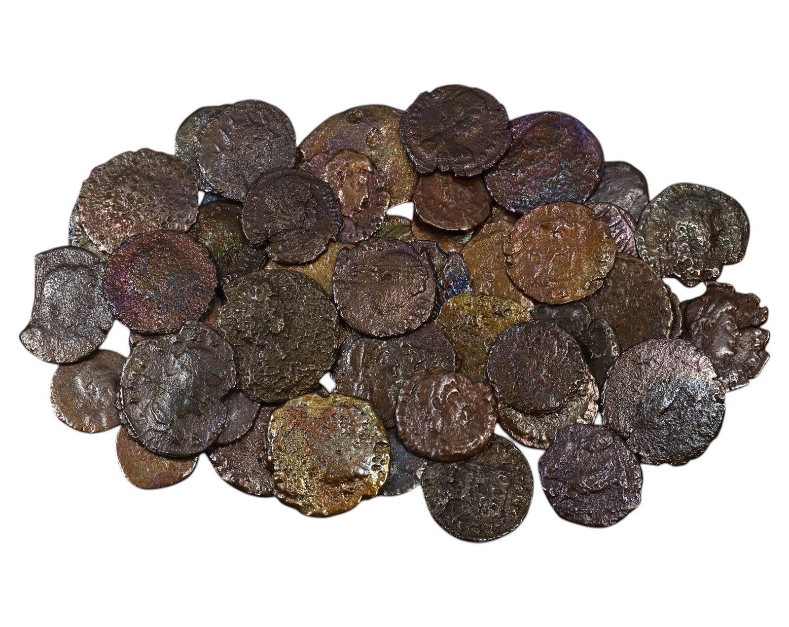 ANCIENT ROME/BYZANTINE: Lot of 50 AE Bronze Coins, 82g, 1-2cm: An intriguing lot of AE bronze coins from the late Roman and early Byzantine periods. These diminutive nummi and folles circulated during times of great transition, from the crisis of the late Roman E
