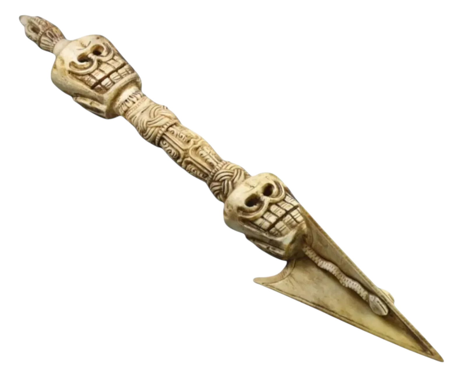 TIBET: Authentic Phurba Ritual Dagger - Carved Yak Bone, 39cm, 19th-20th Century: A striking Tibetan Phurba (Phurpa) ritual dagger, masterfully carved from yak bone, measuring 39cm in length and weighing 315g. This sacred three-sided dagger is deeply rooted in Tibetan Buddhist and