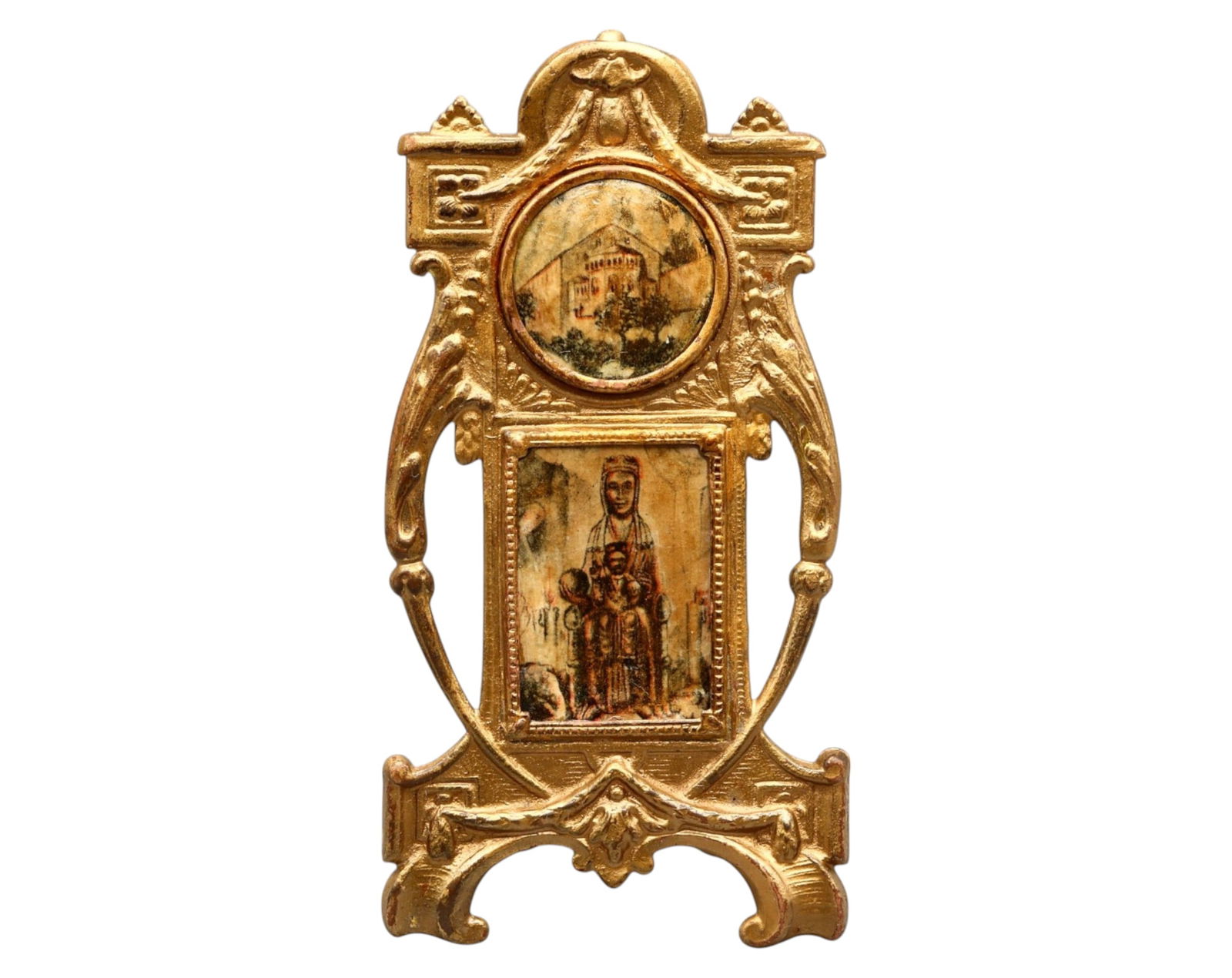 SPAIN: Montserrat Devotional Tabletop Icon - Gilded Metal with Painted Scenes, Early 20th Century (1 of 3)