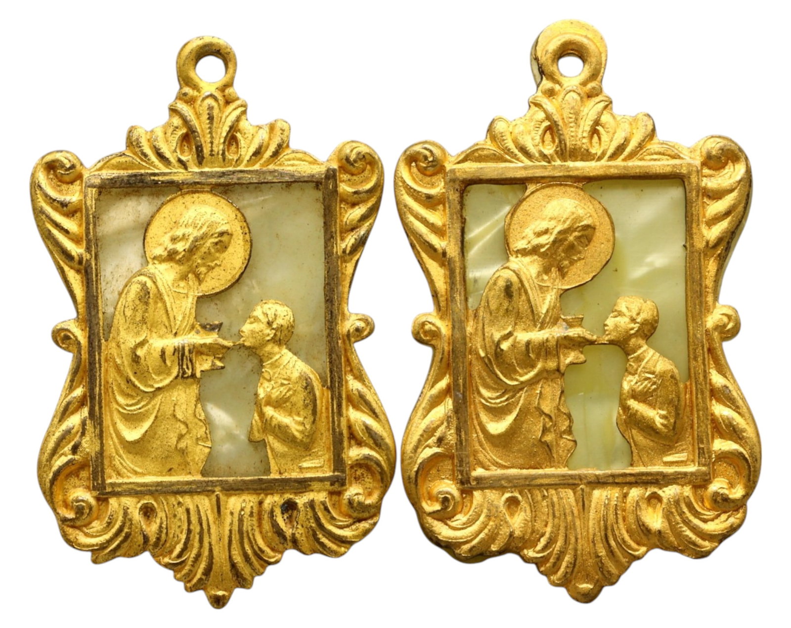 FRANCE: Pair of Gilt Bronze & Mother-of-Pearl Communion Pendants - 19th Century, 11g, 5x3cm: A stunning matched pair of devotional pendants, each featuring a finely cast gilt bronze relief of Christ administering Holy Communion to a kneeling devotee. The intricately carved mother-of-pearl bac