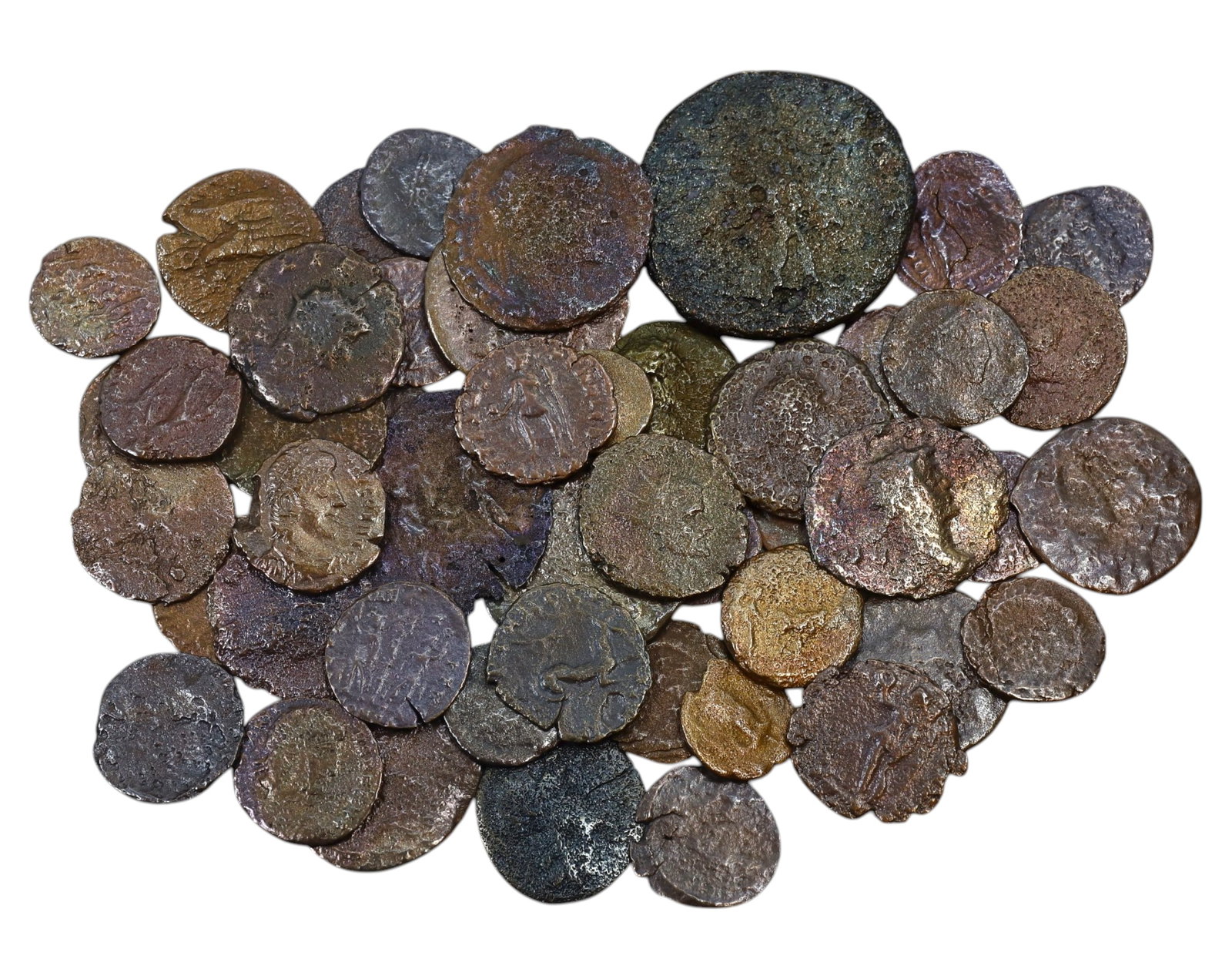 ANCIENT ROME/BYZANTINE: Lot of 50 AE Bronze Coins, 90g, 1-3cm: An intriguing lot of AE bronze coins from the late Roman and early Byzantine periods. These diminutive nummi and folles circulated during times of great transition, from the crisis of the late Roman E