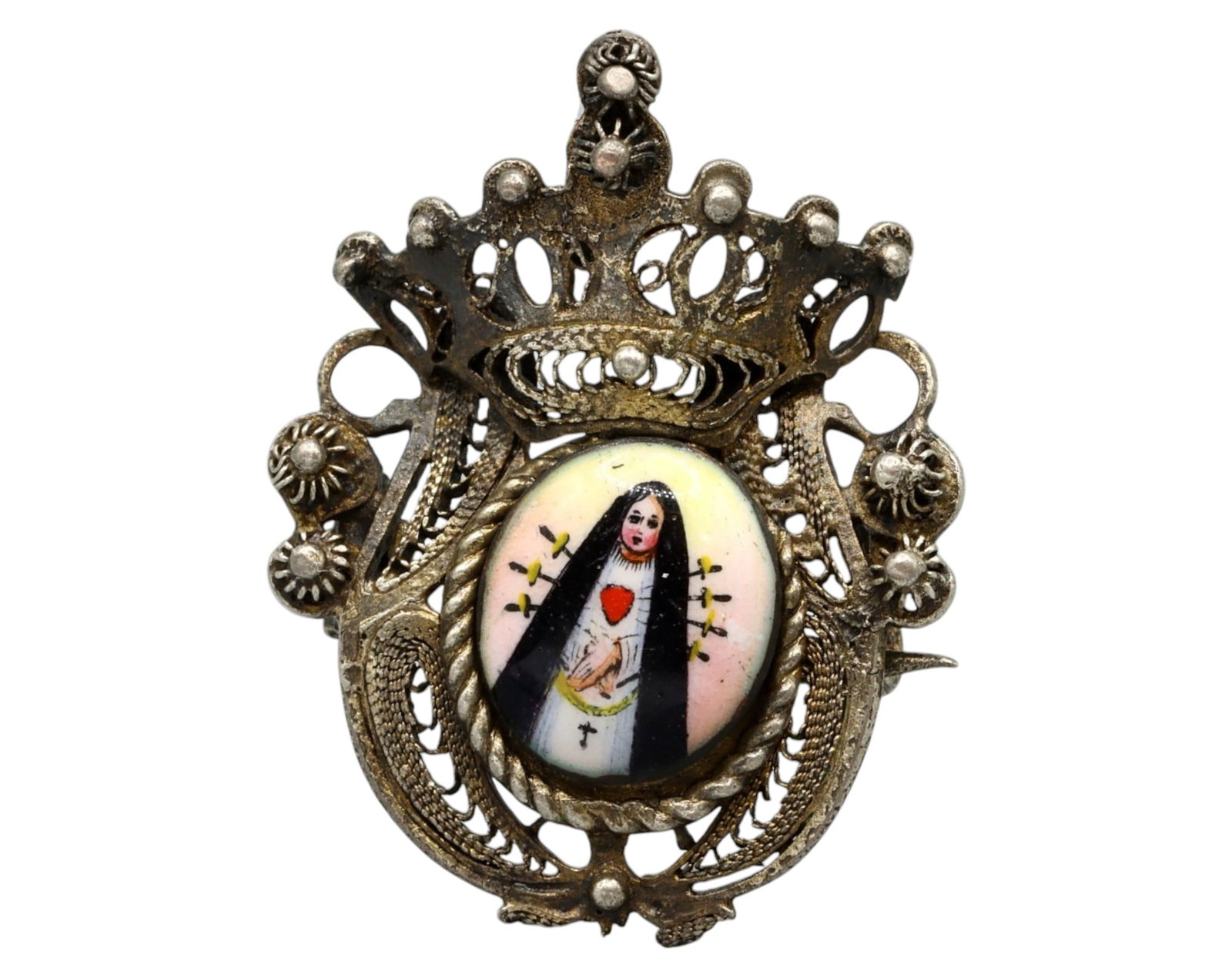 SPAIN: Sacred Heart of Mary Devotional Brooch - Silver Filigree, Enamel, 19th Century, 3g, 2.5x2cm (1 of 3)