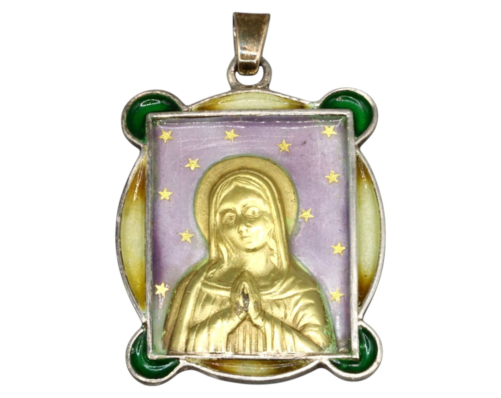 FRANCE: Art Nouveau Virgin Mary Pendant - Silver & Enamel, Starry Halo Design (1 of 3)