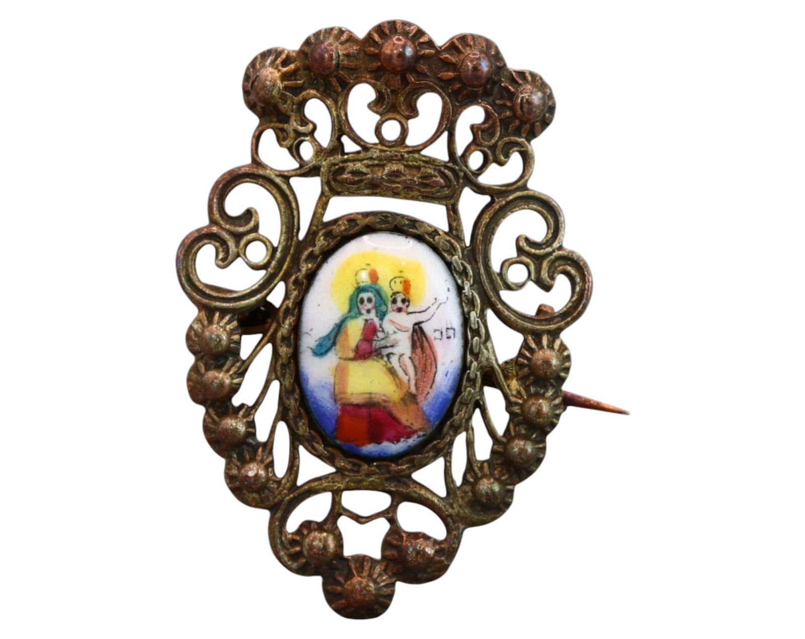 SPAIN: Crowned Madonna and Child Devotional Brooch - Enamel Porcelain, 19th Century, 2.6g, 25x18mm (1 of 3)