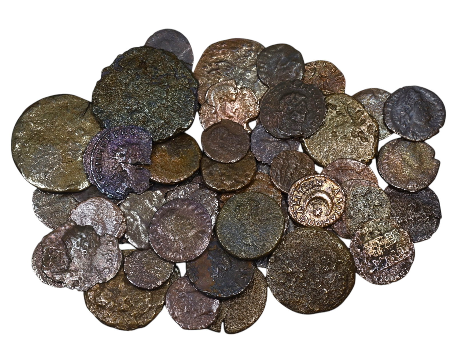ANCIENT ROME/BYZANTINE: Lot of 50 AE Bronze Coins, 111g, 1-3cm: An intriguing lot of AE bronze coins from the late Roman and early Byzantine periods. These diminutive nummi and folles circulated during times of great transition, from the crisis of the late Roman E