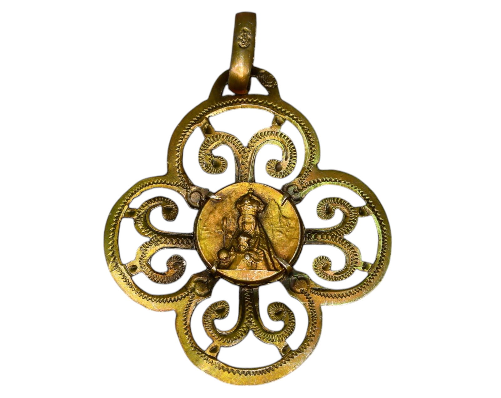SPAIN: Gilded Brass Pilgrim's Pendant - Madonna & Child Motif, 19th Century: A finely crafted Spanish devotional pendant, featuring an openwork quatrefoil design with intricate scrollwork and a central Madonna and Child relief. Likely a pilgrim's badge from a revered Spanish s