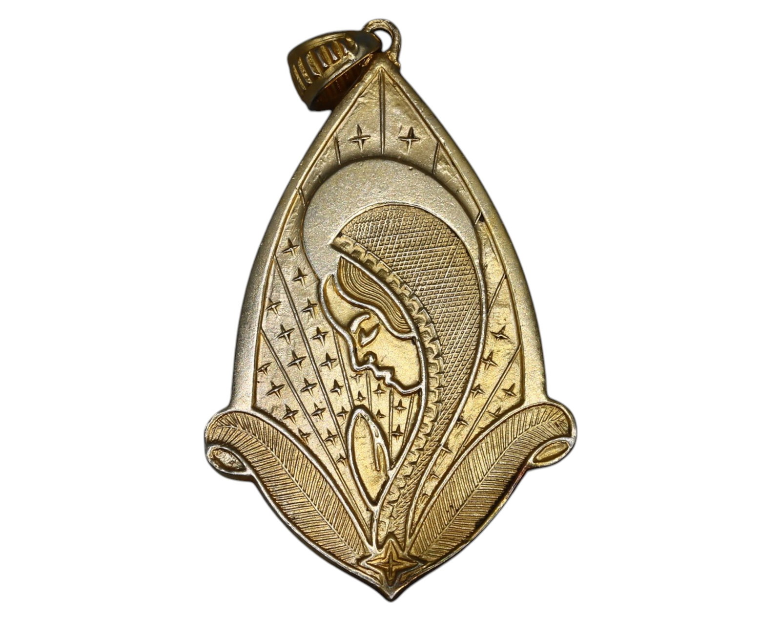 FRANCE: Art Deco Madonna Lily-Shaped Medal - Early 20th Century: An exquisite early 20th-century Art Deco medal featuring a stylized profile of the Virgin Mary in a serene posture, set against a radiant star-filled background. The intricate engraving and elegant fl