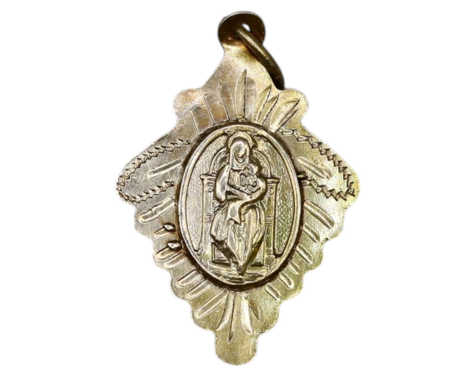 SPAIN: Santa Maria de Ripoll Devotional Medal - Marian Icon, Early 20th Century: A beautifully shaped 2 cm, 0.6-gram devotional medal honoring Santa Maria de Ripoll, a revered Marian sanctuary in Catalonia. The obverse features the enthroned Virgin Mary holding the Christ Child, s