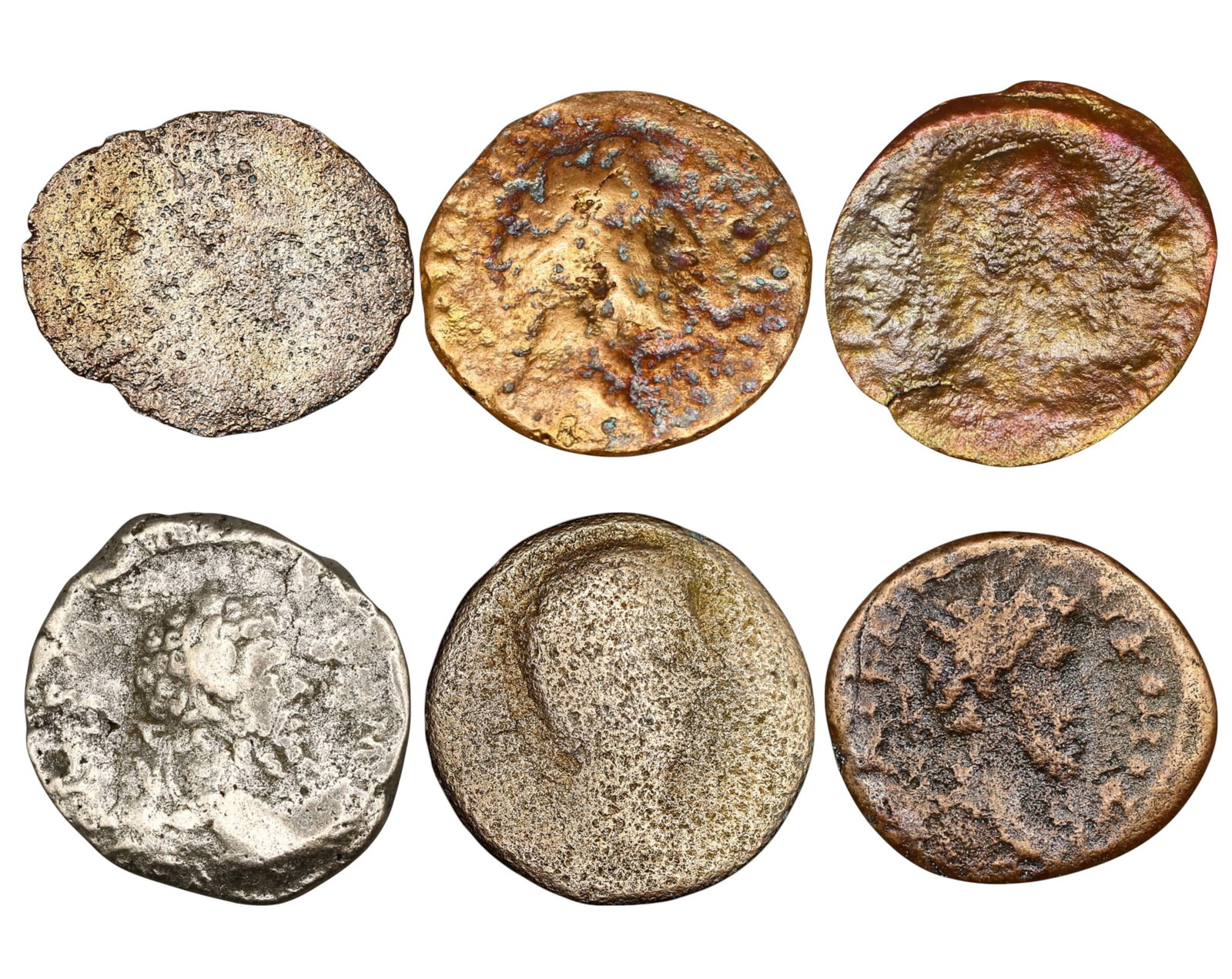 ROMAN EMPIRE: Lot of 6 AE & Billon Coins - Imperial & Provincial Issues, 16-21mm: An intriguing lot of six Roman coins, featuring a mix of bronze and billon denominations, likely spanning the late Roman Imperial and Provincial periods. Some coins exhibit faint traces of imperial bu
