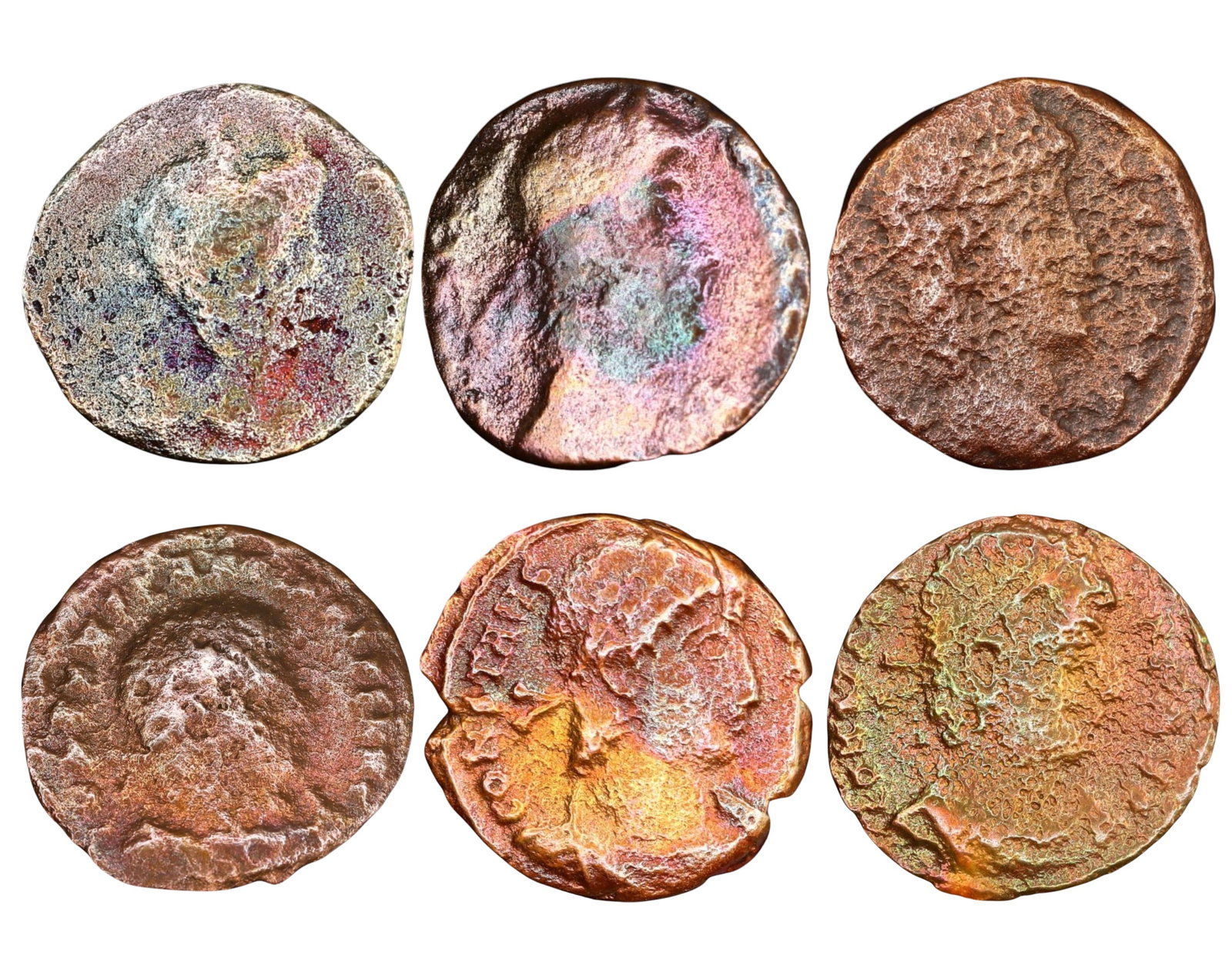 ROMAN EMPIRE: Lot of 6 AE Coins - Gloria Exercitus & Wreath Types, 14-19mm: A diverse lot of six Roman bronze coins, featuring military and civic symbols from the 4th century AD, a time of significant transition within the empire. Several coins display the Gloria Exercitus re