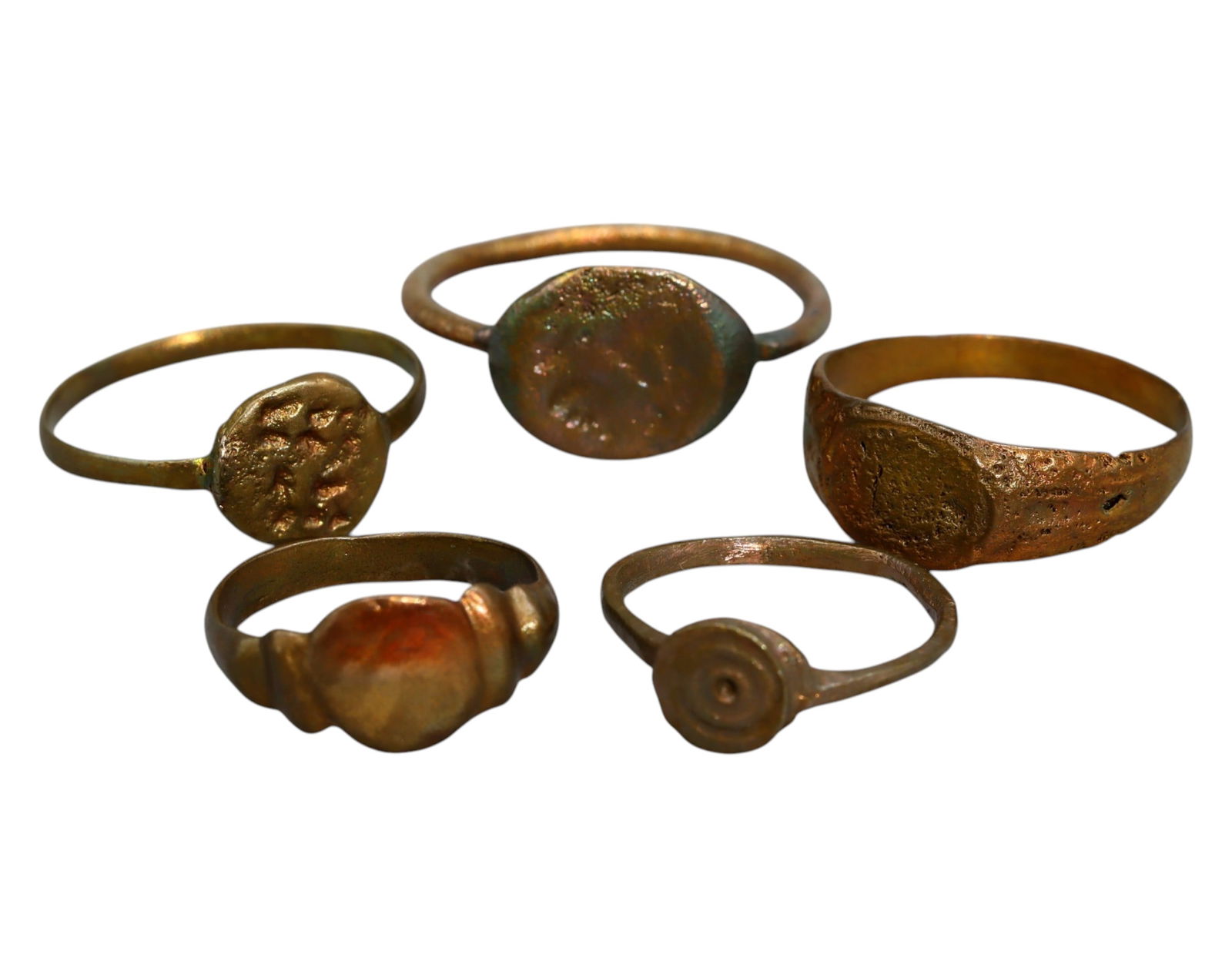 MEDIEVAL EUROPE: Lot of 5 Engraved Bronze Signet Rings - 11g, Sizes 5.5-10 (1 of 1)