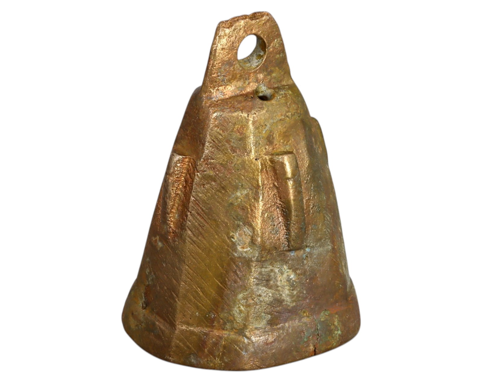 MEDIEVAL EUROPE: Bronze Pilgrim's Bell - Christian Devotional Artifact, 75g, 6x5cm: A well-preserved medieval bronze pilgrim's bell, likely used in Christian religious practices or processions. Crafted with a distinct conical shape and suspension loop, this artifact may have been car