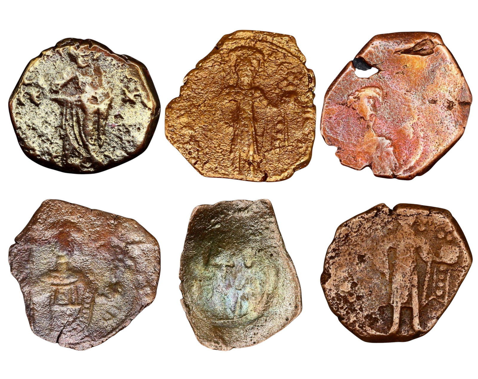BYZANTINE EMPIRE: Lot of 6 AE Follis - Standing Figures & Imperial Types, 14-18mm: A diverse lot of six Byzantine bronze folles, featuring standing imperial figures, religious iconography, and monograms, characteristic of the later Byzantine monetary system. Some coins depict rulers