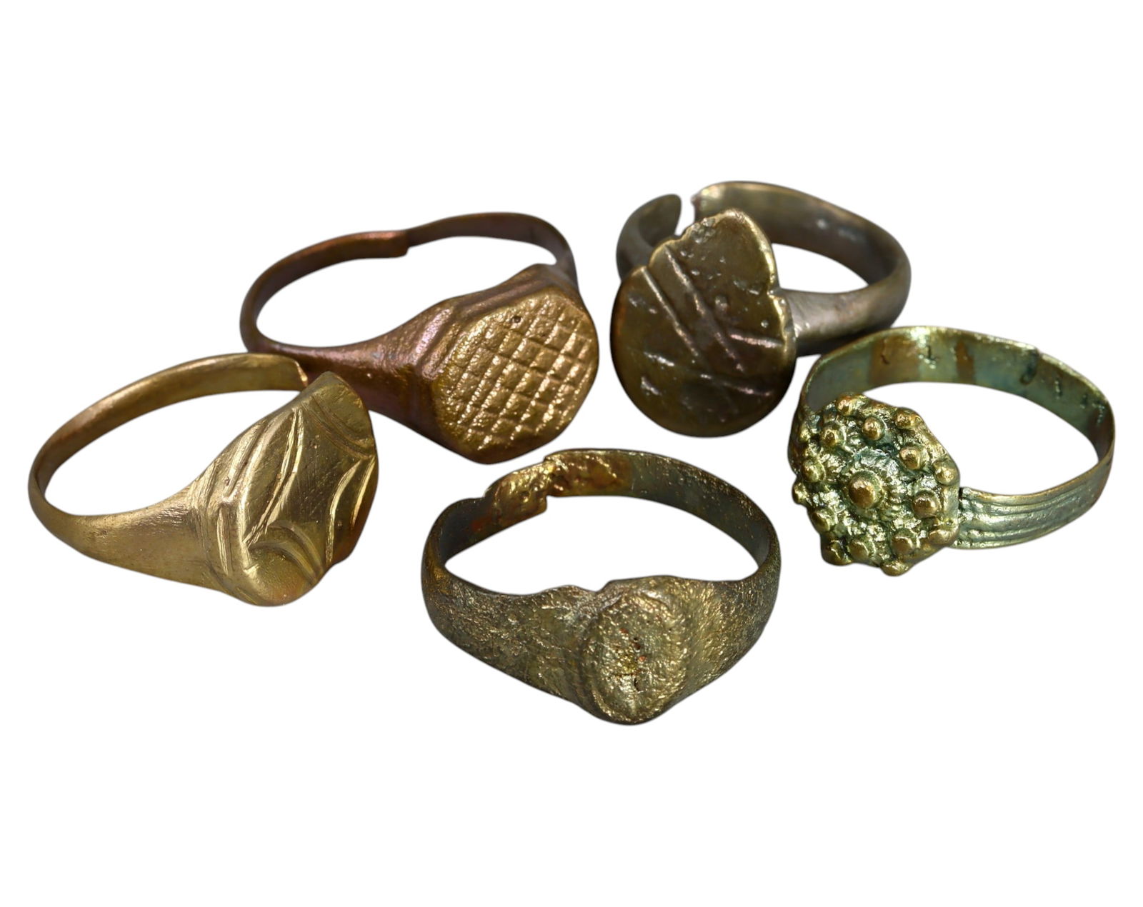MEDIEVAL EUROPE: Set of Five Bronze Signet Rings - 6th-14th Century, Various Sizes (4-9 US) (1 of 1)