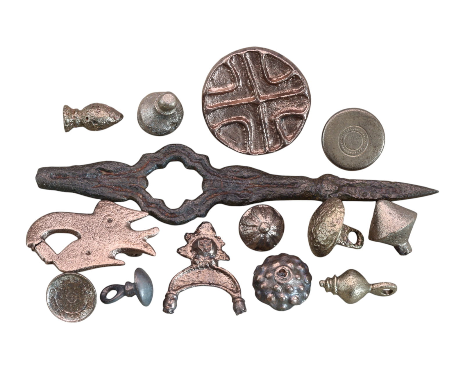 ANCIENT ROME & MEDIEVAL: Mixed Artifact Collection Mounts, Buckles & Blade 84g, 1-10.5cm, 14pcs (1 of 1)