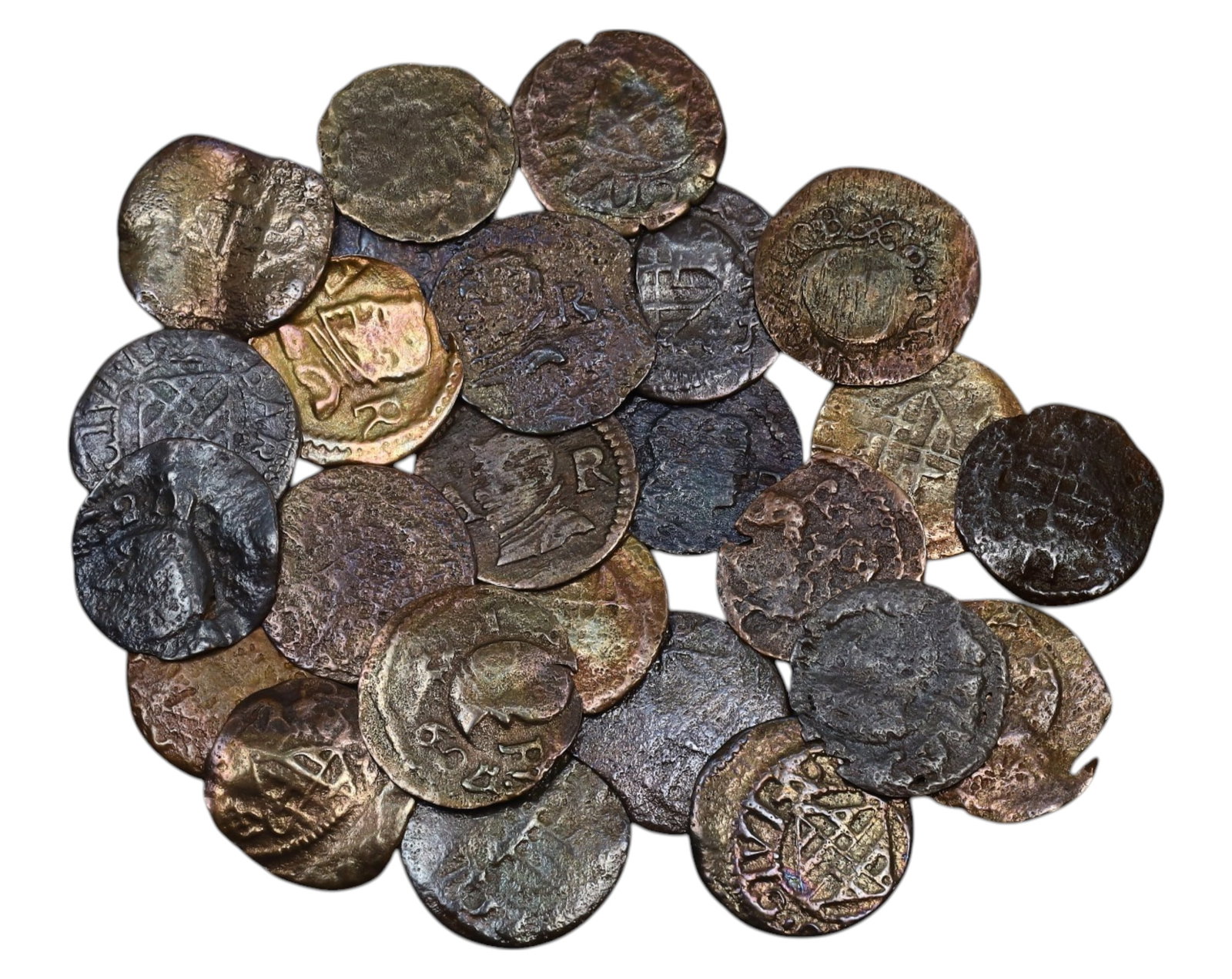 SPAIN: Lot of 25 Ardite Coins - 17th-18th Century (23g, 1.5cm): A fascinating lot of Spanish Ardite coins, struck in copper and circulated between the 17th and 18th centuries under various Spanish monarchs. Each coin, approximately 1.5 cm in diameter and weighing 