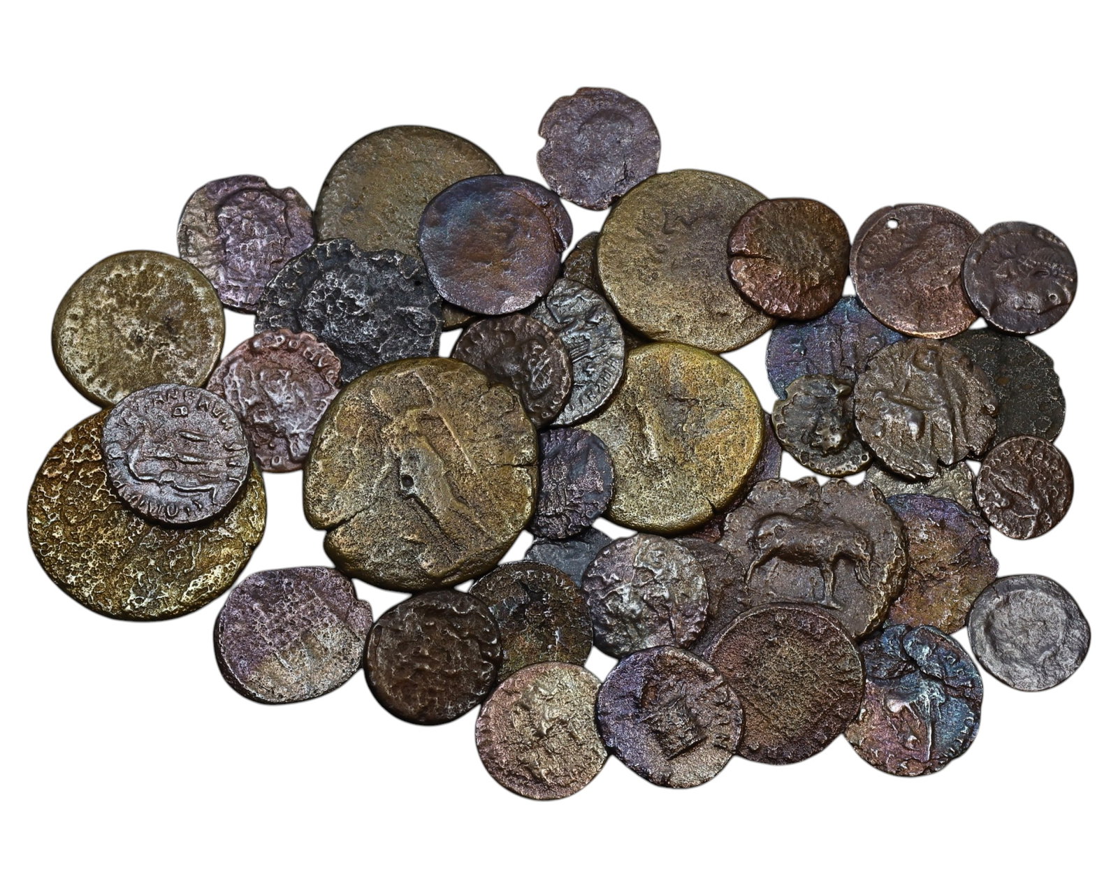 ANCIENT ROME/BYZANTINE: Lot of 40 AE Bronze Coins, 102g, 1-2.5cm: An intriguing lot of AE bronze coins from the late Roman and early Byzantine periods. These diminutive nummi and folles circulated during times of great transition, from the crisis of the late Roman E