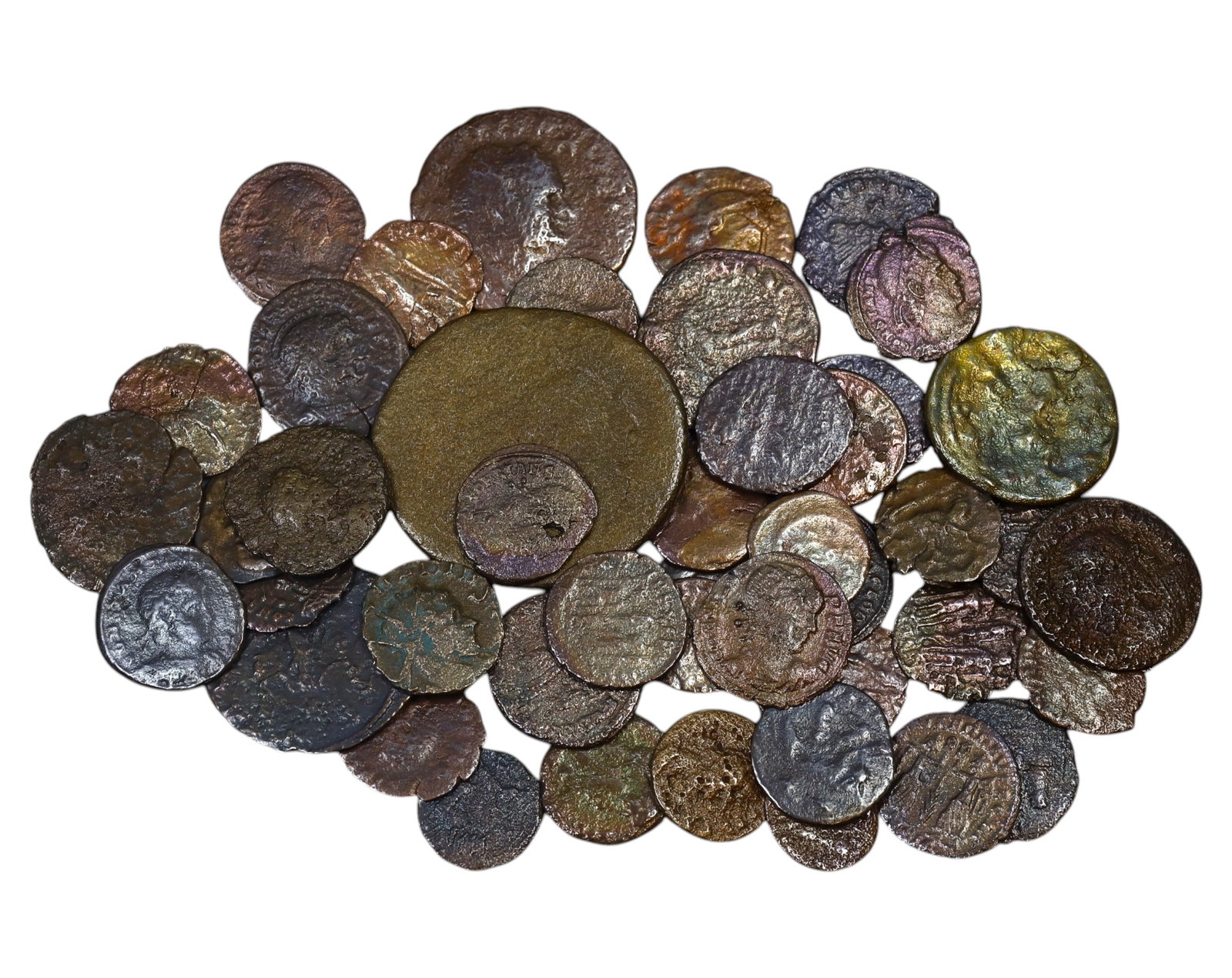 ANCIENT ROME/BYZANTINE: Lot of 50 AE Bronze Coins, 89g, 1-3cm: An intriguing lot of AE bronze coins from the late Roman and early Byzantine periods. These diminutive nummi and folles circulated during times of great transition, from the crisis of the late Roman E
